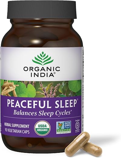 ORGANIC INDIA Peaceful Sleep Herbal Supplement - Deep Sleep Aid for Adults, Natural Herbal Aid Without Melatonin, Supports Circadian Rhythm, USDA Certified Organic, Non-GMO - 90 Capsules