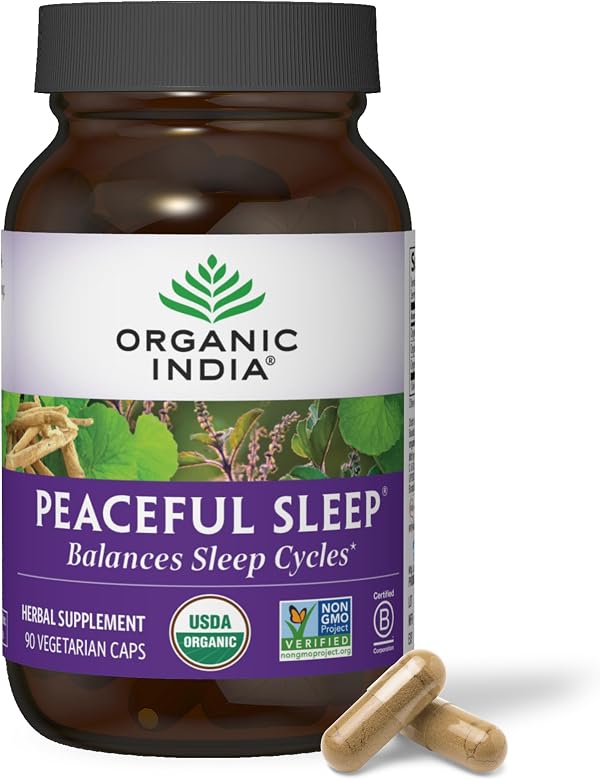 ORGANIC INDIA Peaceful Sleep Herbal Supplement - Deep Sleep Aid for Adults, Natural Herbal Aid Without Melatonin, Supports Circadian Rhythm, USDA Certified Organic, Non-GMO - 90 Capsules