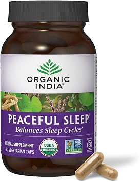 ORGANIC INDIA Peaceful Sleep Herbal Supplement - Deep Sleep Aid for Adults, Natural Herbal Aid Without Melatonin, Supports Circadian Rhythm, USDA Certified Organic, Non-GMO - 90 Capsules