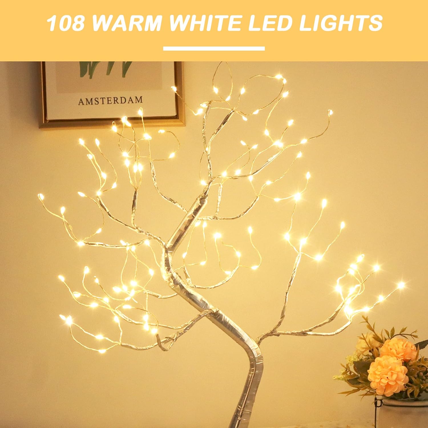 Fairy Light Tree 108 Led Twinkle Tree Fairy Light Spirit Tree Lamp Battery/USB Operated 6 Hours Timer Function with 8 Lighting Mode Silver Adjustable Branches Home Decoration(Warm White) - Image 3