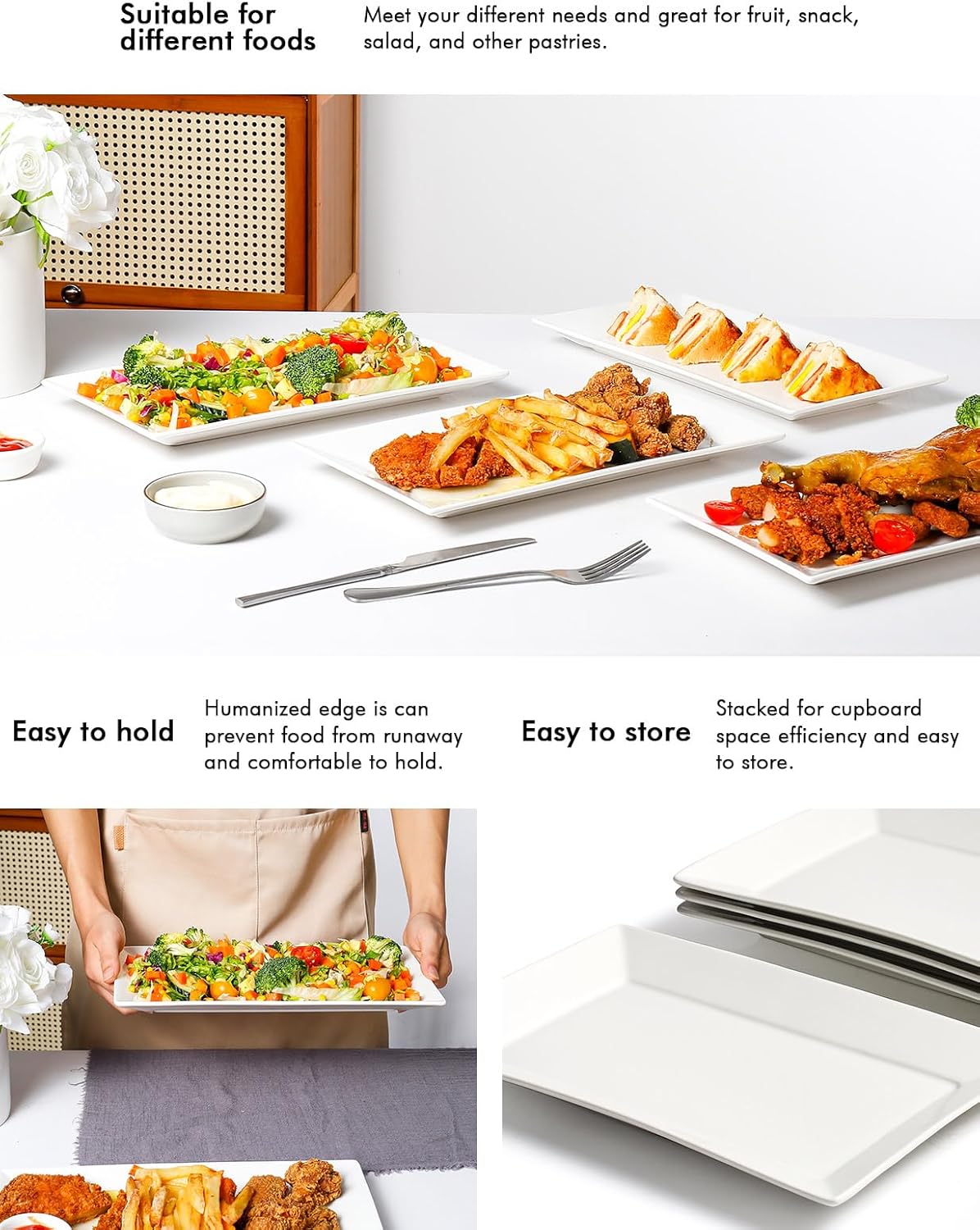 AISBUGUR 13" Serving Platters and Trays, White Serving Platters Set of 4, Large Platters for Serving Food Party, Daily and Entertaining, Ceramic Rectangular Plates for Steak, Taco, Snack, Appetizer