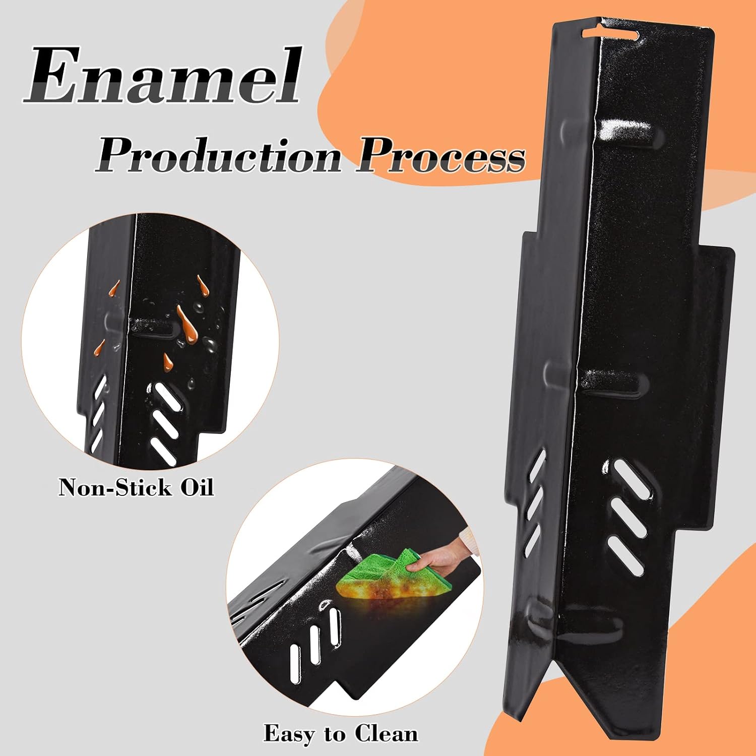 Adviace heat tent with text 'Enamel Production Process Non-Stick Oil Easy to Clean' and illustrations of non-stick surface and cleaning with a cloth.