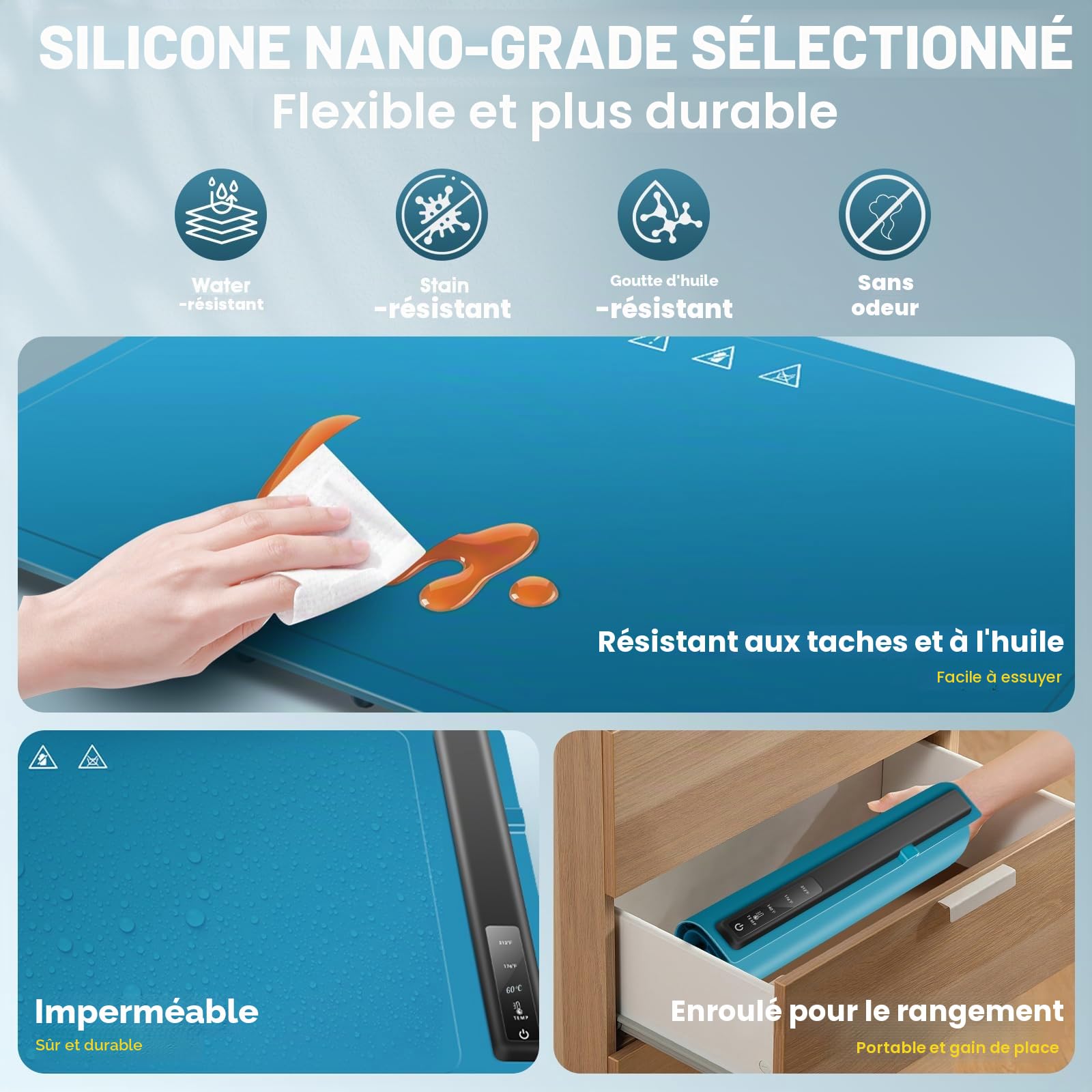 KingSom Chauffe Plat Électrique, Plateau Chauffant avec Température Réglable 60-100°C, Plaque Chauffante Electrique en Silicone Pliable,Verrouillage Enfant,Plateau Chauffant Buffet avec 2 Petits Tapis