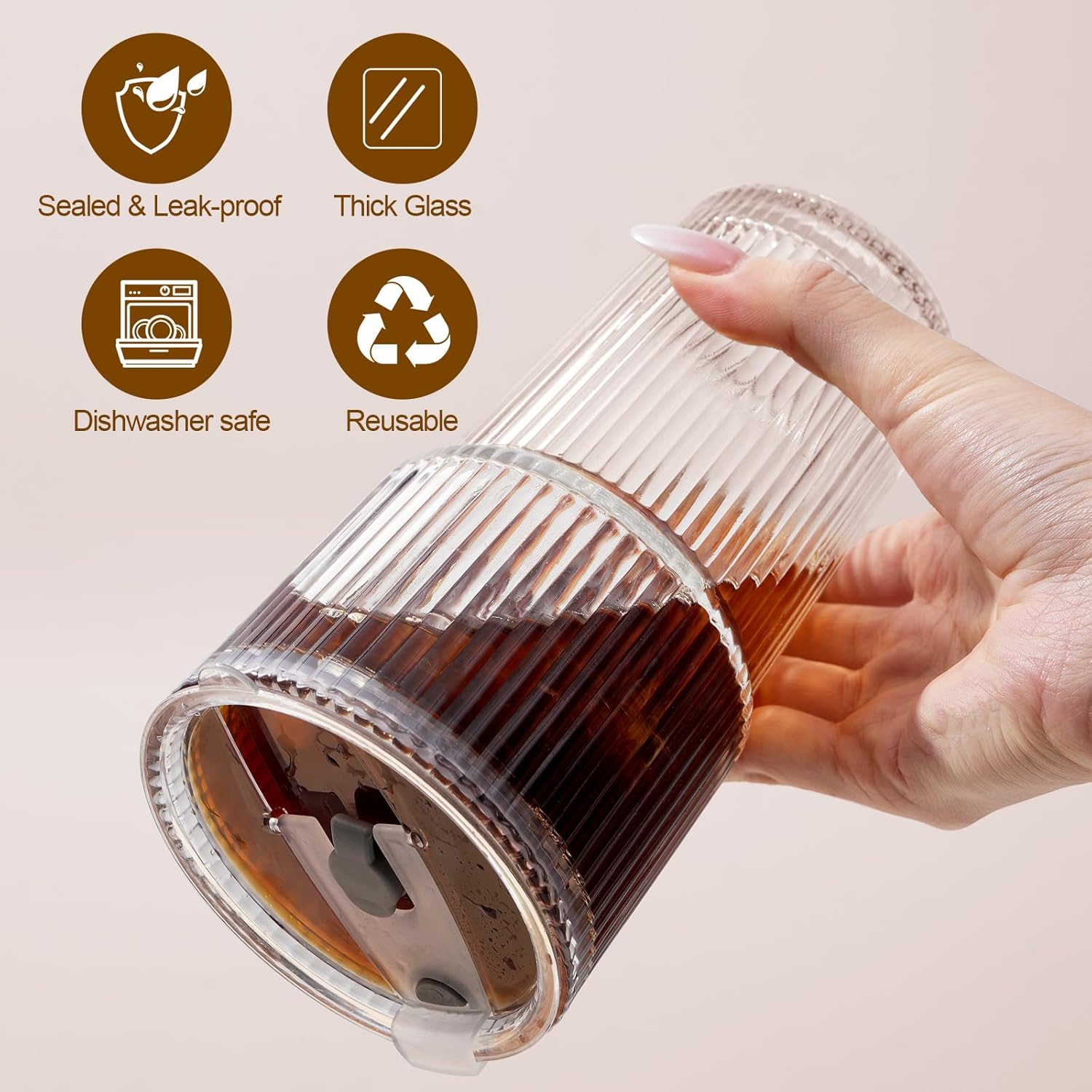 20Oz Ribbed Glass Tumblers with Lids and Straws, Vintage Glass Cups Thickened Drinking Glasses Set of 4, Ideal for Iced Coffee, Smoothies, Cocktails, Matcha and Juices - Image 5