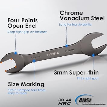 YIYEIE 10-Pcs Ultra-Thin Spanner Set 5.5-24 mm, Open-End Flat Spanner Set