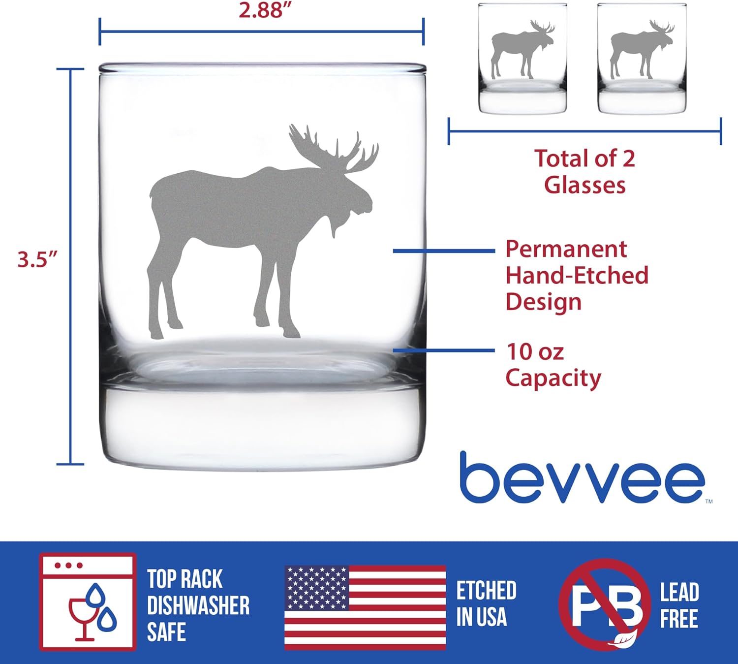 Bevvee Moose Whiskey Rocks Glass - Cabin Themed Gifts or Rustic Decor for Men and Women - Fun Whisky Drinking Tumbler - Set of 2-10 oz