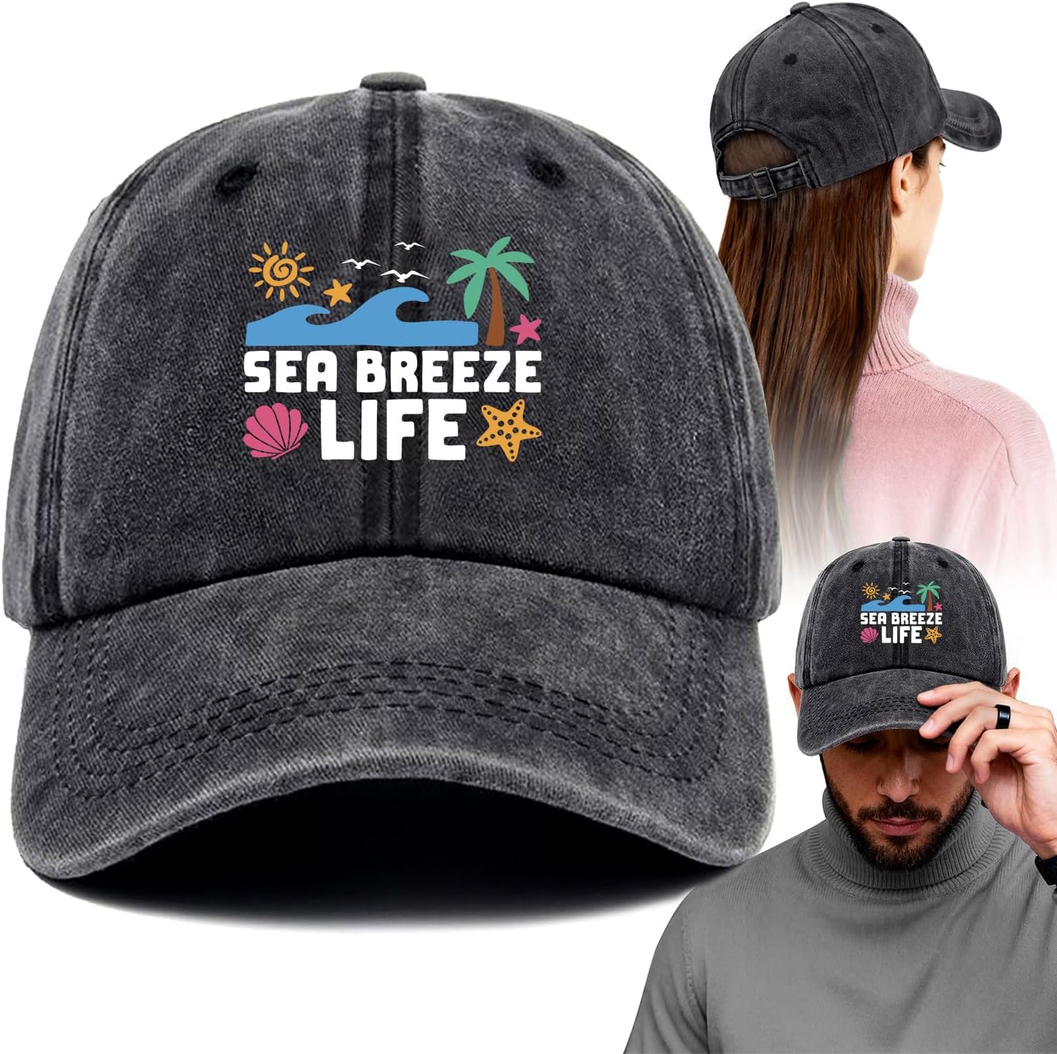 Sea Breeze Life Funny Printed Cotton Baseball Cap Adjustable Retro Washed Lightweight and Breathable Unisex Outdoor Sport Sun Hat, Gifts for beach lovers, Retirees Man Woman Friend Coworker family