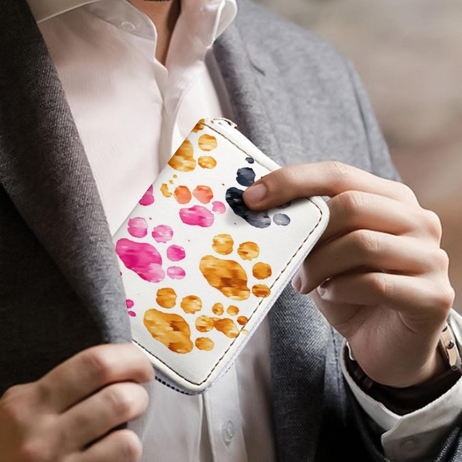 Leather Card Organizer Case Card Wallet Credit Card Holder Colorful Dog Paws Printed Zipper Card Cases Holder for Women Men