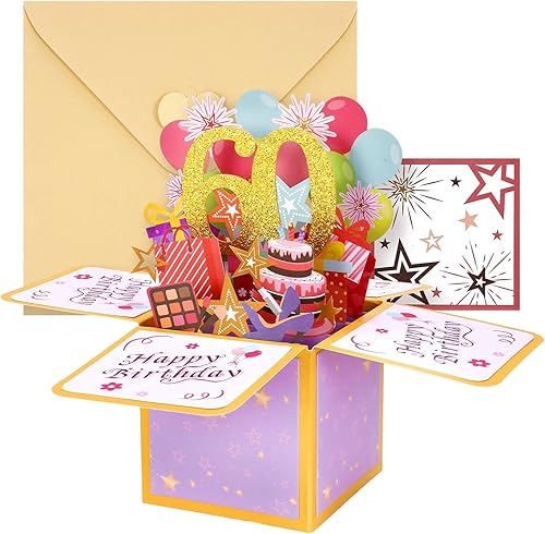 Huacici Tarjeta de 60 cumpleaños 3D Pop Up 60 para ella, mujer, tarjeta de regalo de cumpleaños con nota en blanco y sobre para abuela, mamá,
