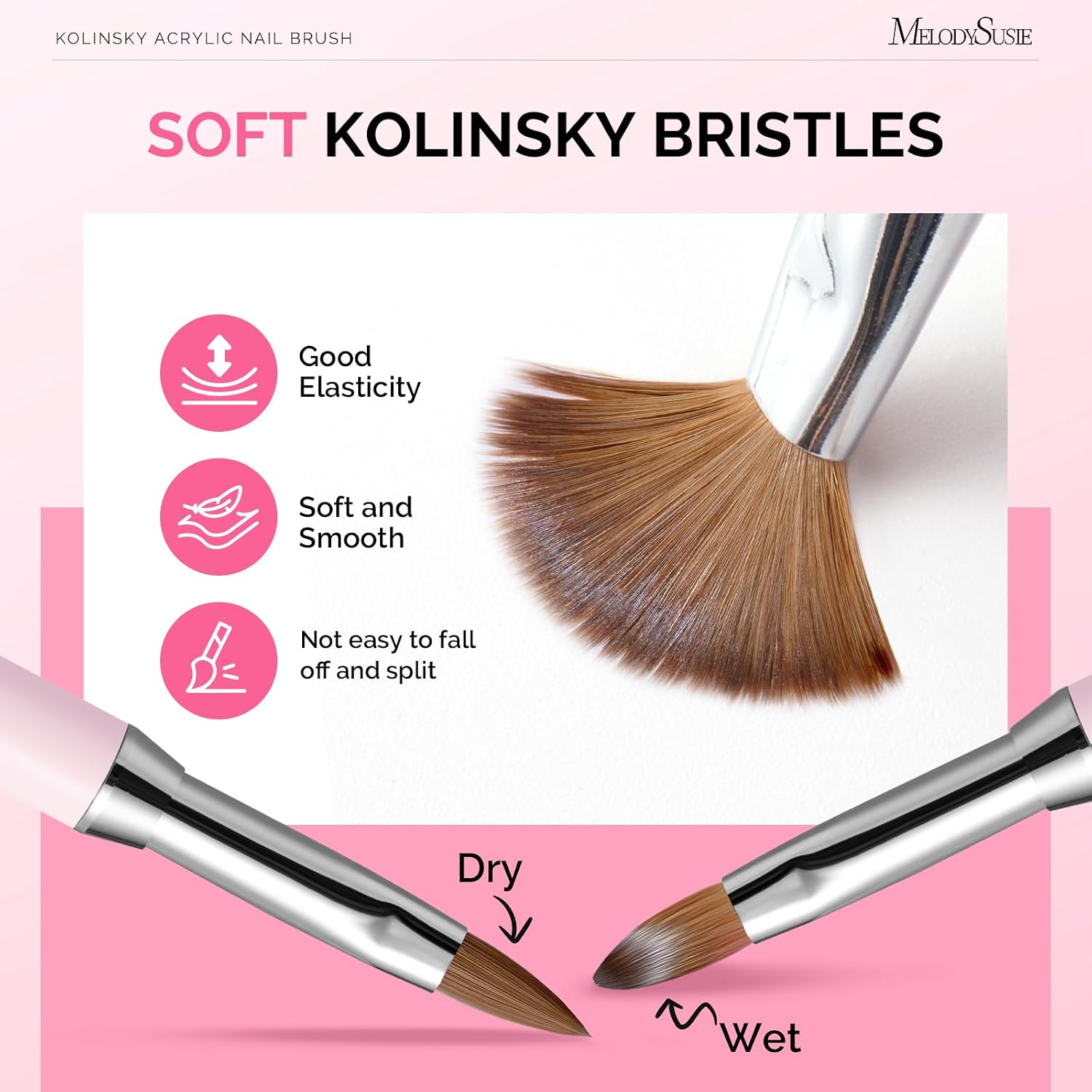 MelodySusie 3 Pcs 3D Kolinsky Acrylic Nail Brush Set | Nail Art Sculpture Brush with Pink Metal Non-Slip Grip Handle, for Acrylic Application 3D Nail Art Flower Designs, Size 2/4/5