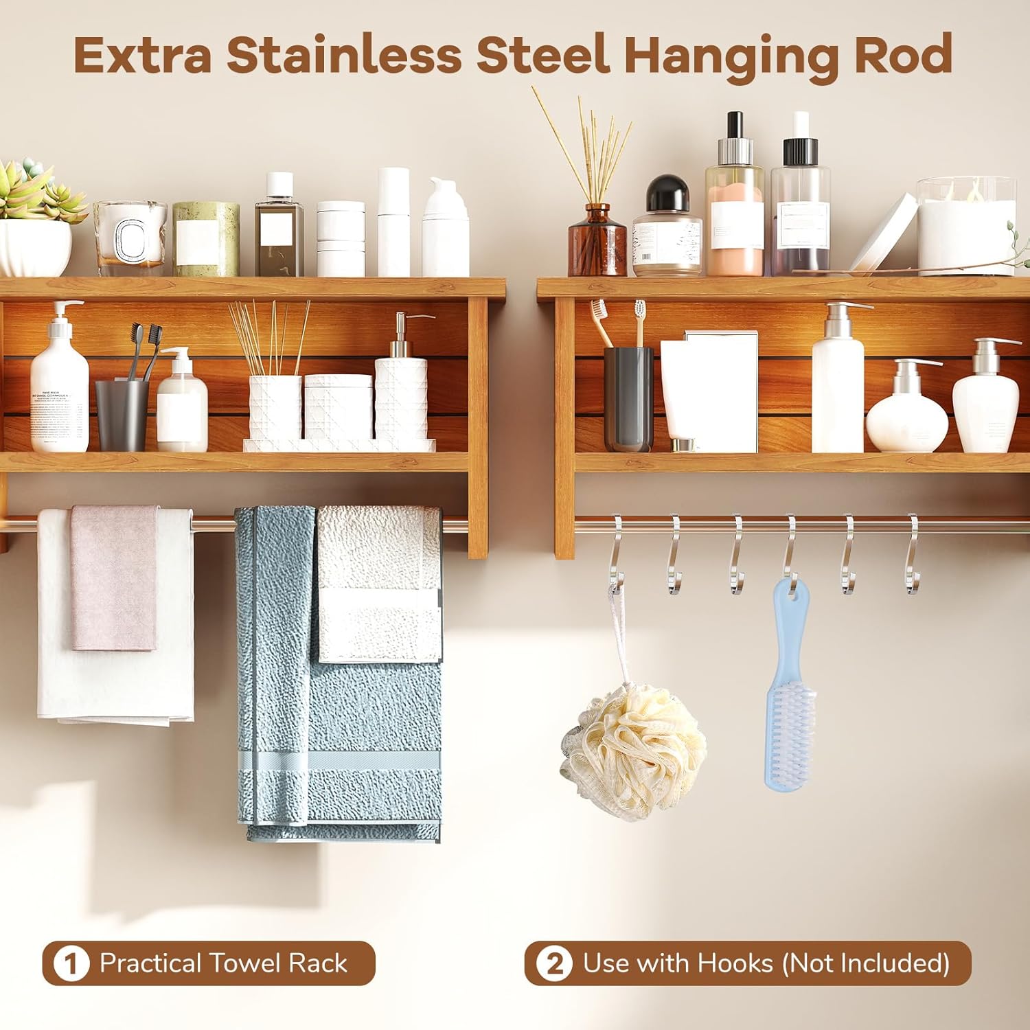 Giantex Bathroom Wall-Mounted Storage Shelf, 3-Tier Solid Teak Wood Bathroom Shelf with Towel Bar, Stainless Steel Hanging Rod, Space-Saving Organizer Display Rack for Kitchen, Entryway, Living Room