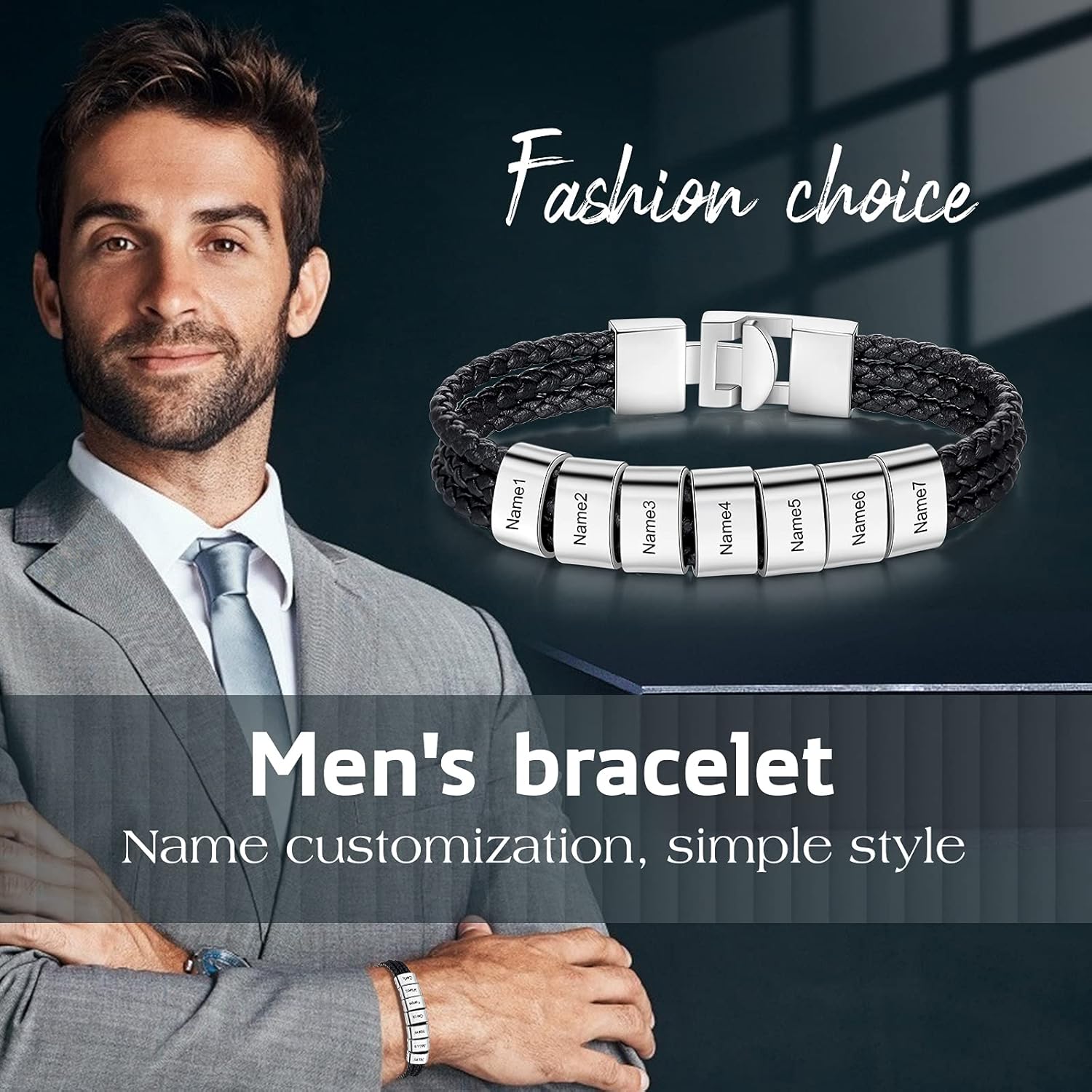 kaululu Personalized Braided Leather Name Bracelet with 1-8 Beads Custom Engraved ID Wrap Bracelets Father's Day Jewelry Gifts for Men Dad Husband Him (7 Names)