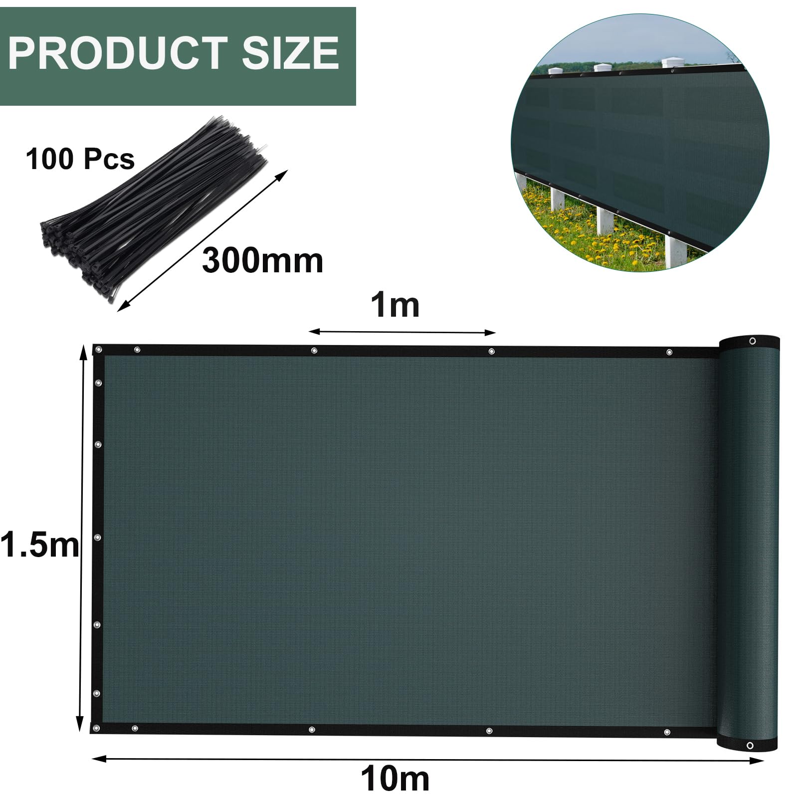 Gekufa Privacy Netting 1.5mx10m Garden Screening 130g/m² Fence Screening 90% HDPE Outdoor Shading Net UV-Resistant Tear-Resistant Windbreak Netting with Cable Ties and Eyelets - Image 3