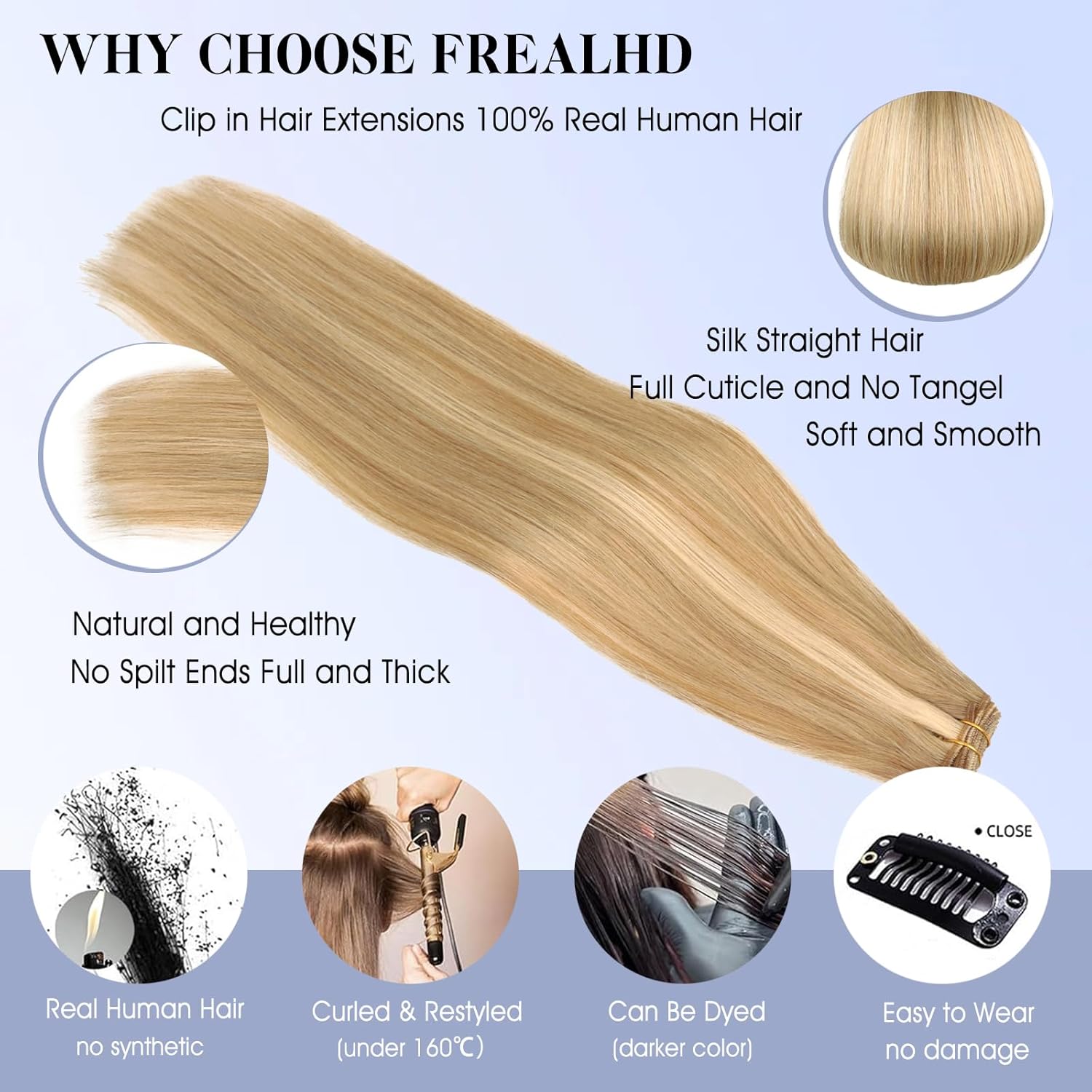 Clip in Hair Extensions Real Human Hair, 16 Inch 100% Remy Seamless Straight Clip ins for Women, 18/613 Dark Blonde Highlighted Bleach Blonde 7pcs 120g, Thick & Soft, Long-lasting Natural Look