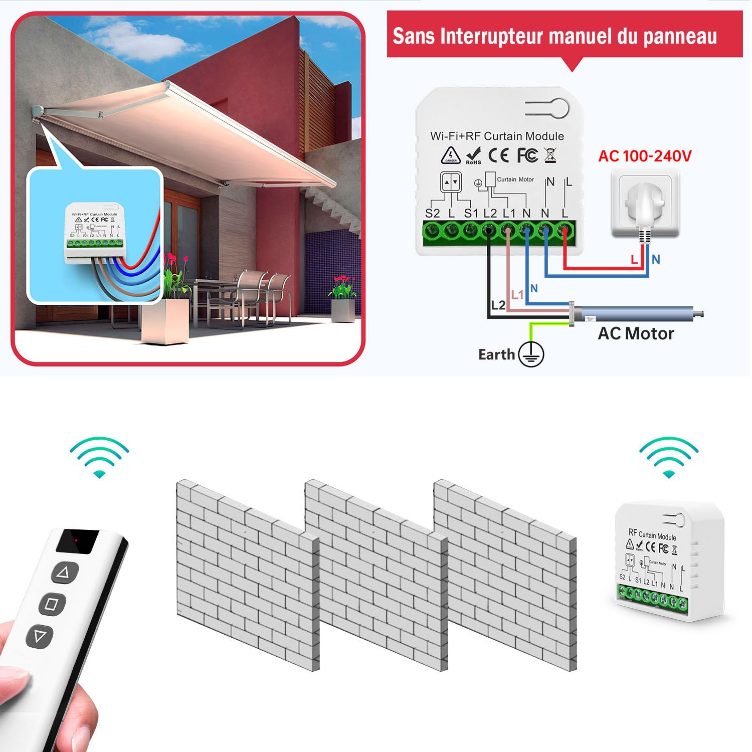 Interrupteur Module Volet Roulant Sans Fil, Commutateur de Commande à Distance Moteur AC sans Fil pour Volets Roulants Stores Stores Auvent AC 220V 230V Émetteur Radio RF Contrôle Portée 100M