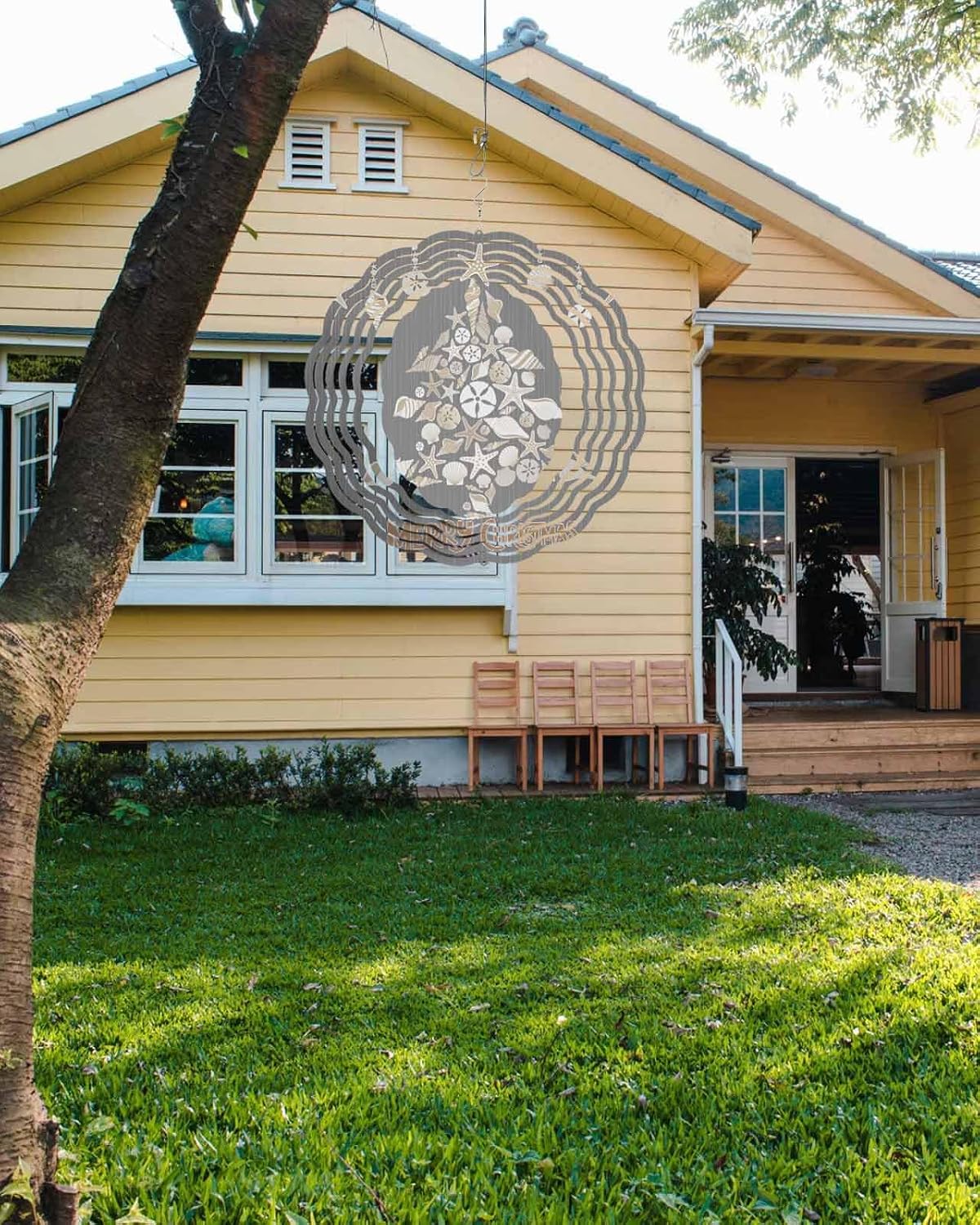 Christmas Tree Wind Spinner 3D Stainless Steel, 12 Inch Double Sided Circle Hanging Wind Spinners, Ocean Shell Starfish Grey Stripes Garden Art Wind Sculpture for Yard Porch Front Door