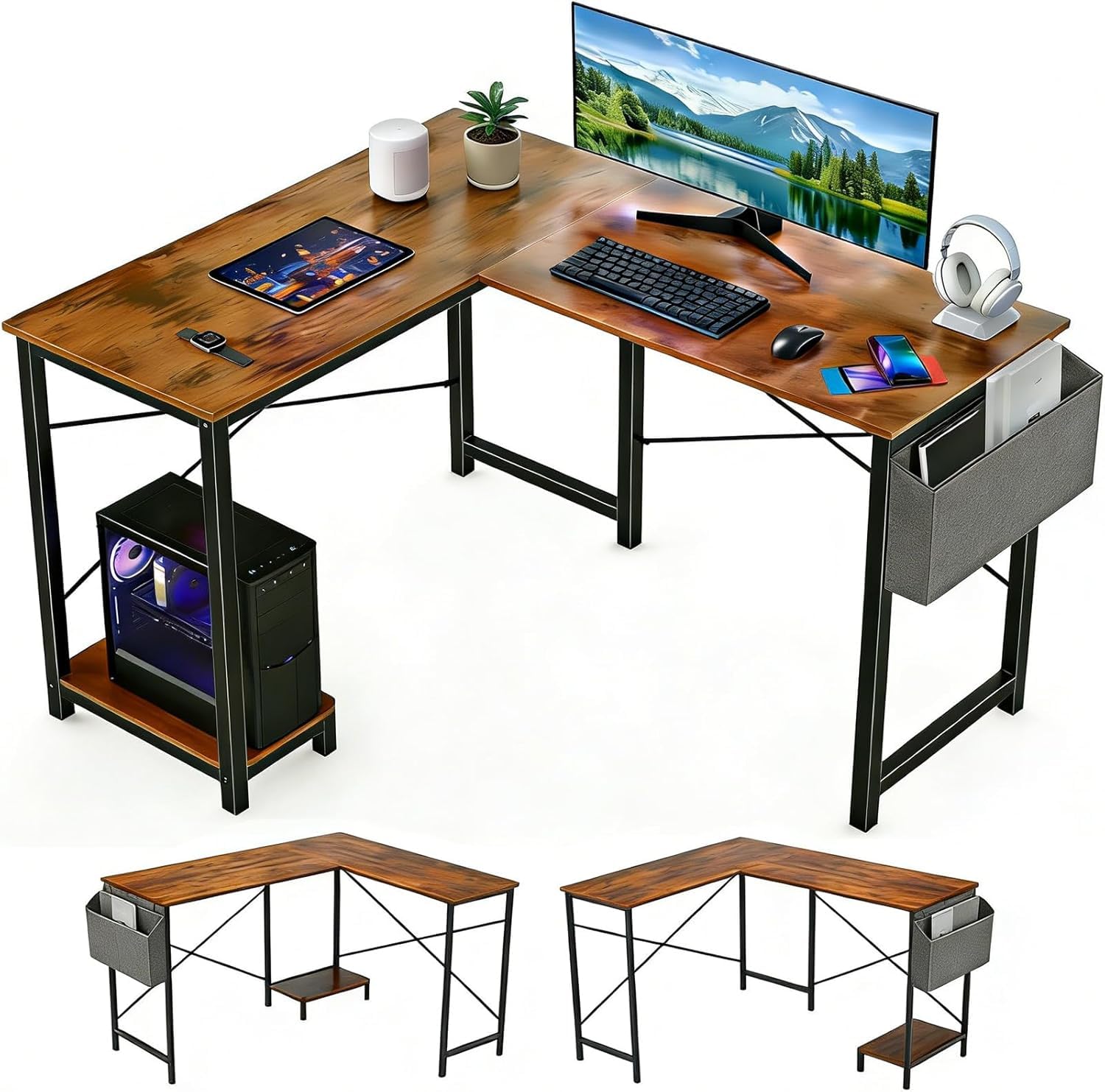 Sagenest L Shaped Desk, 50 Inch Reversible Computer Desk Corner Gaming Table with CPU Stand & Storage Bag, Sturdy Metal Frame PC Workstation for Home