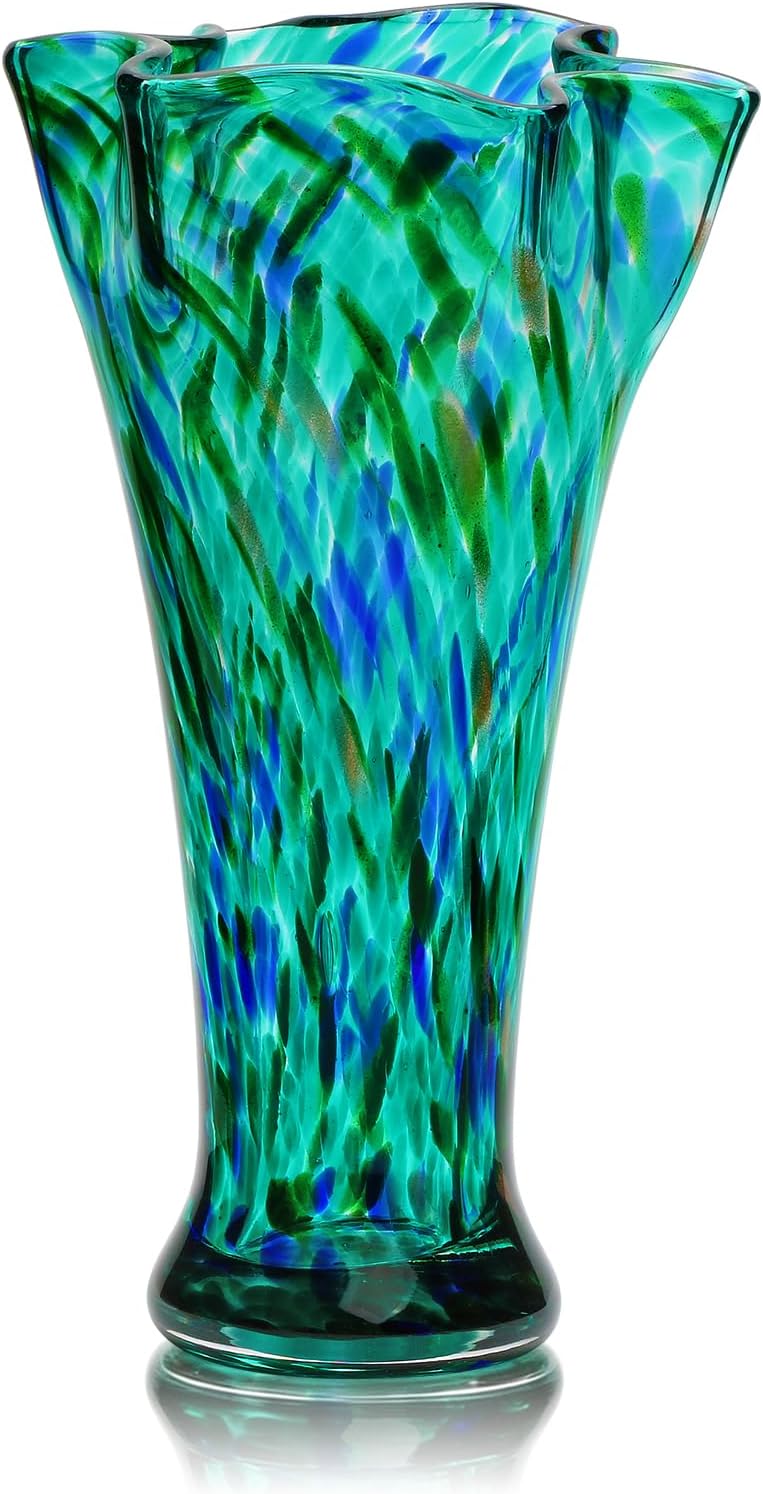Teal Green Glass Vase for Flowers, 10.8inch Hand Blown Flower Vase for Home | Hand Blown Vase for Home Decor, Modern Style Table Decoration,Unique Vases for Living Room,Office, Best Gift for Housewarming