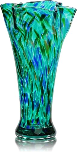 Teal Green Glass Vase for Flowers,10.8inch Hand Blown Vase for Home | Hand Blown Vase for Home Decor, Modern Style Table Decoration,Unique Vases for Living Room,Office, Best Gift for Housewarming
