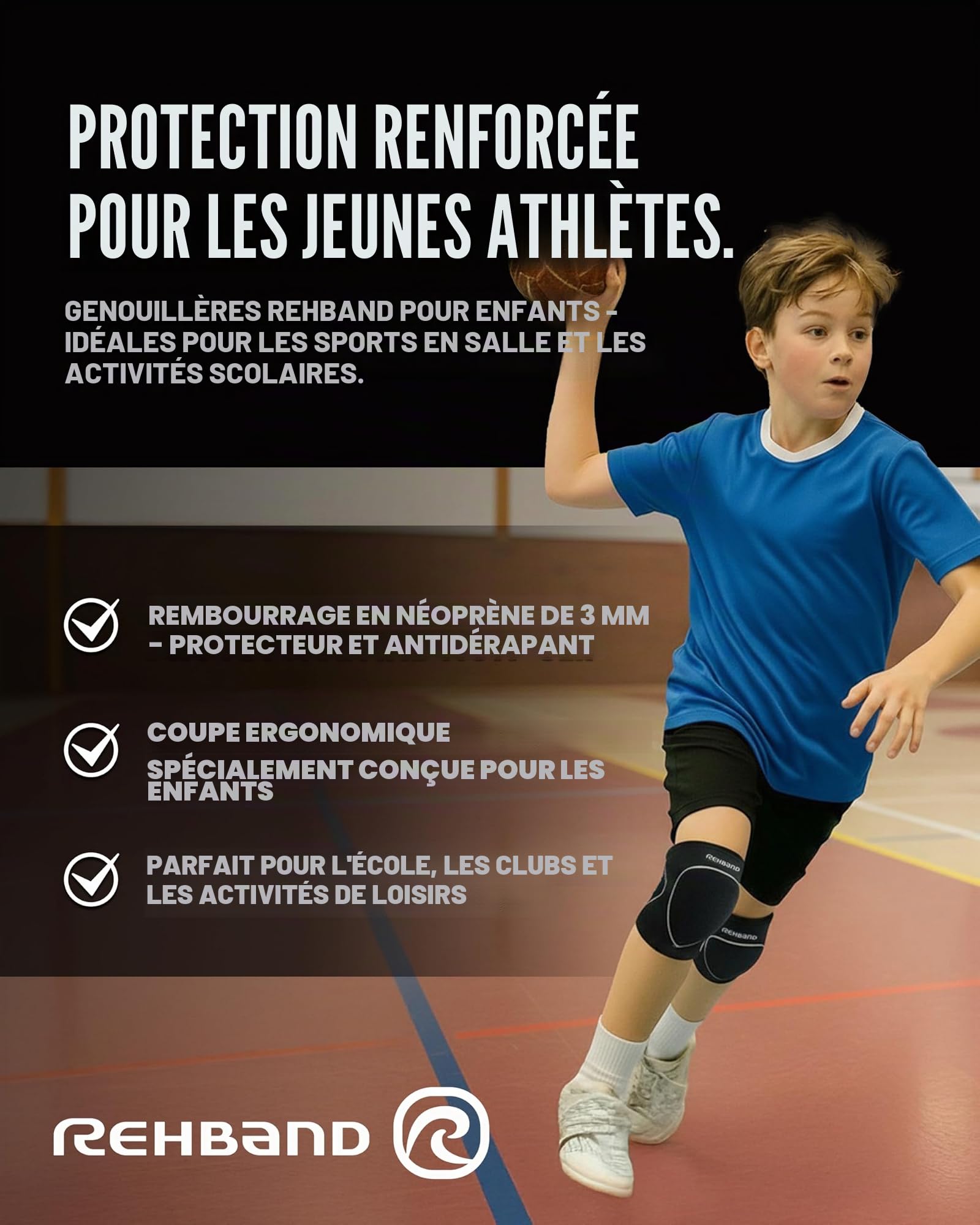 Rehband Genouillères pour enfants, 1 paire, genouillères pour volley-ball et handball - Confortable et haute protection, couleur : noir, taille L, côté : paire