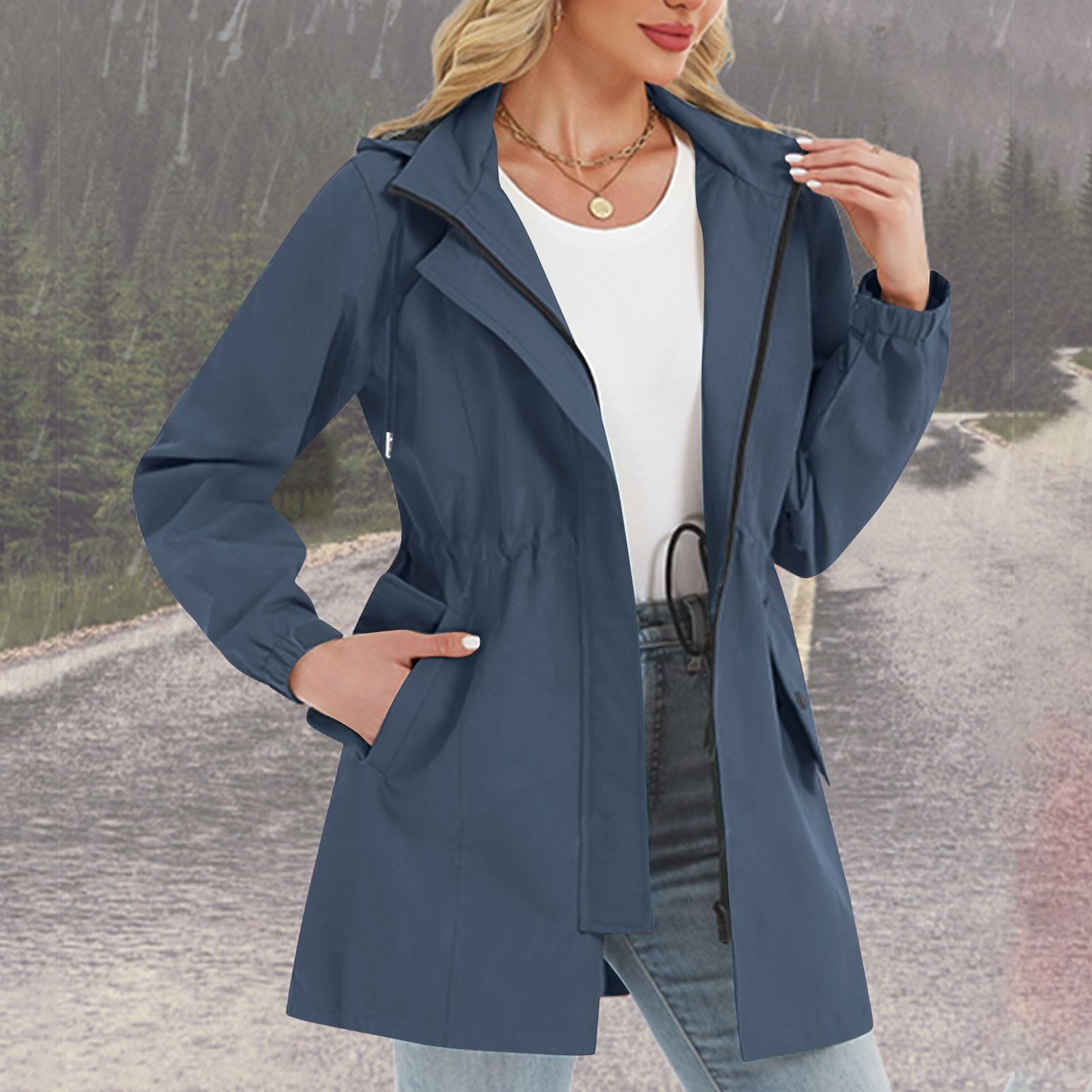 Giacca lunga da donna a metà stagione, chic, con cappuccio, da donna, impermeabile, cappotto, semplice, softshell Trench Coat confortevole, cappotto sportivo traspirante, giacca da trekking pieghevole
