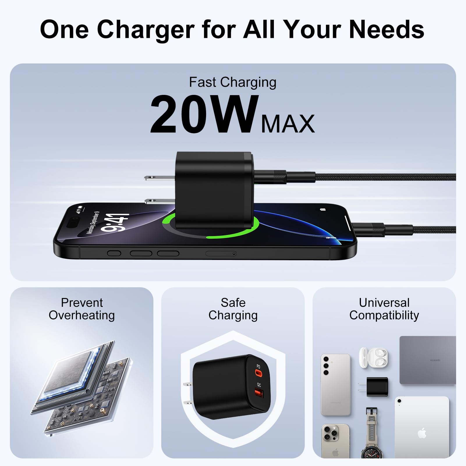Galaxy S25 Edge Wall Charger Block for Galaxy S25 Ultra/S24/S23,20W Fast USB C Charger Cube Dual Port PD Power Adapter + QC Wall Plug with 6FT USB C to Type C Cable for iPhone 16e/16 Pro Max/15/15 Pro