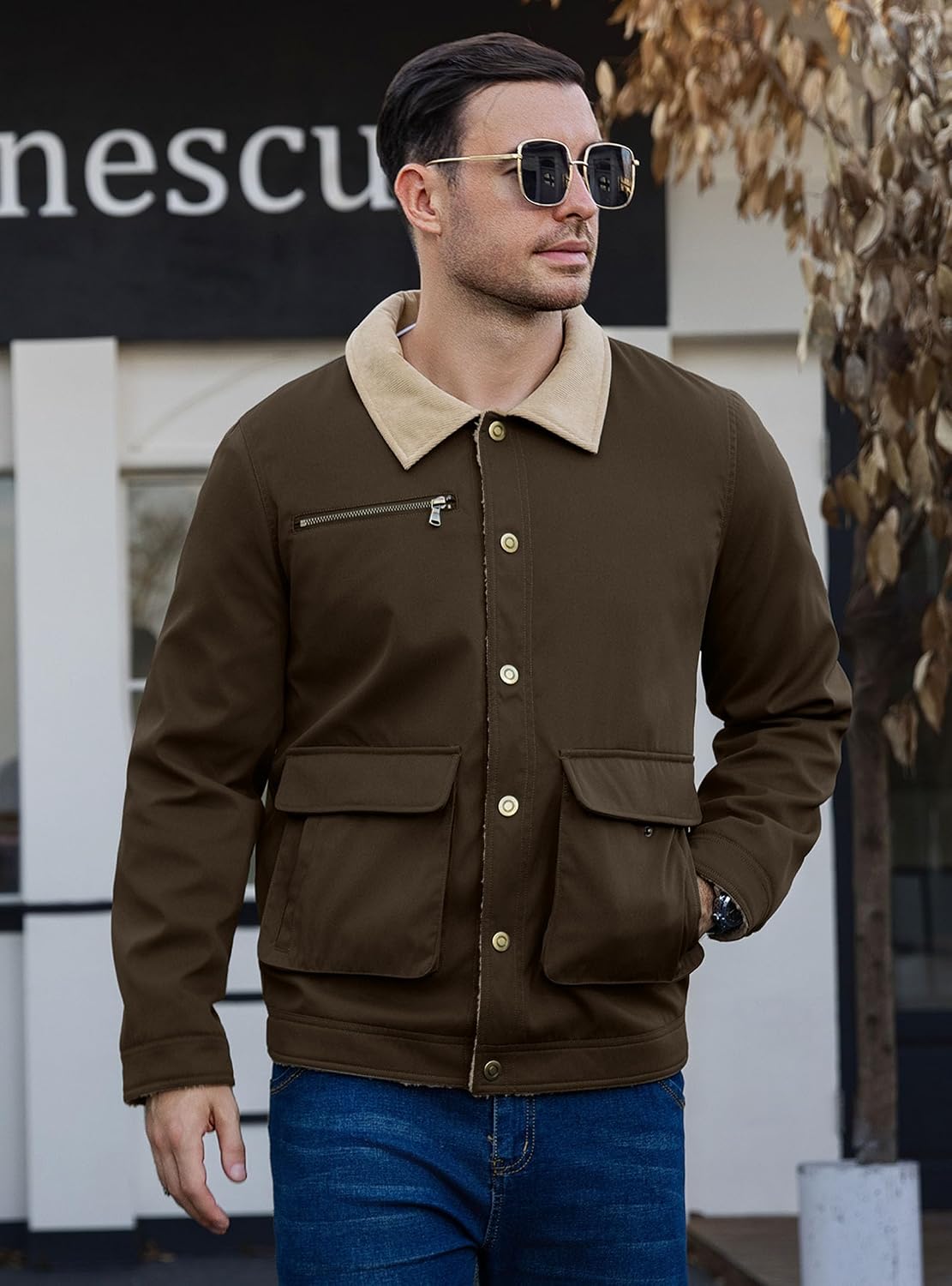 HYPESTFIT Mens Winter Jackets Sherpa Fleece Lined Warm Cargo Trucker Coat Multi Pocket
