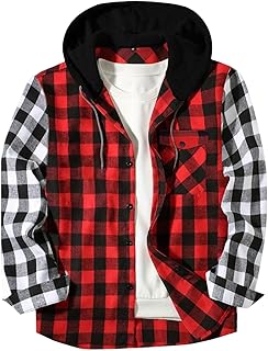 Cambkatl Men’s Color Block Patchwork Plaid Shirts Loose Button Down Flannel Hoodies Stylish Fall Long Sleeve Casual Jackets