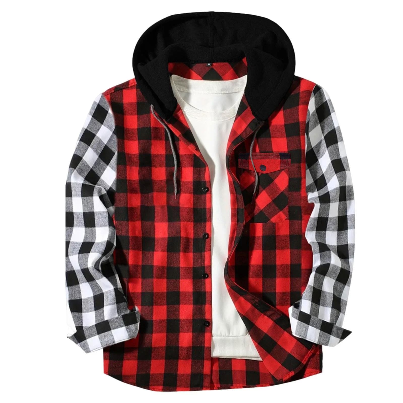 Shirts for Men Long Sleeve Fashion Casual Button Down Plaid Shirt Drawstring Hooded Jackets Lightweight Shacket 2026 — view 7
