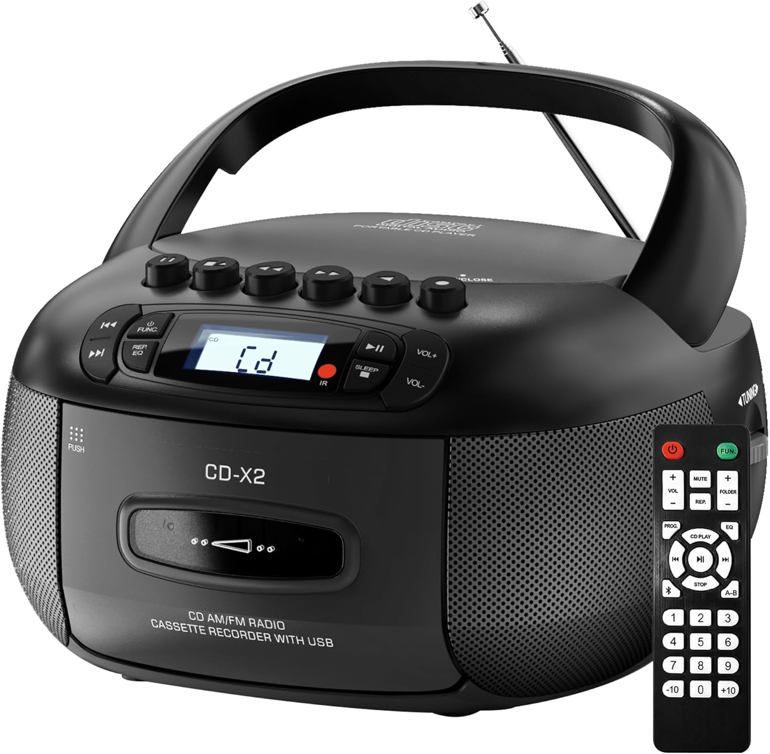 CD Player Boombox with Cassette Player: Portable CD Boom Box with Bluetooth,FM/AM,Tape Recorder and Remote - USB/MP3/AUX Player with Sleep Timer- AC/Battery Powered for Home/Outdoor/Gift