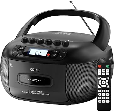 Kuephom CD Player Boombox with Cassette Player Portable CD Boom Box with Bluetooth,FM/AM,Tape Recorder and Remote - USB/MP3/AUX Player with Sleep Timer- AC/Battery Powered for Home/Outdoor/Gift