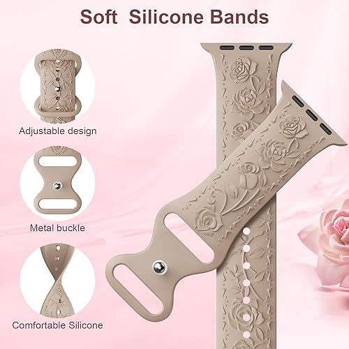 Miniatura 9 de Paquete de 3 correas con grabado floral compatibles con Apple Watch de 1.575 pulgadas, 1.614 pulgadas, 1.496 pulgadas, 1.654 pulgadas, 1.732