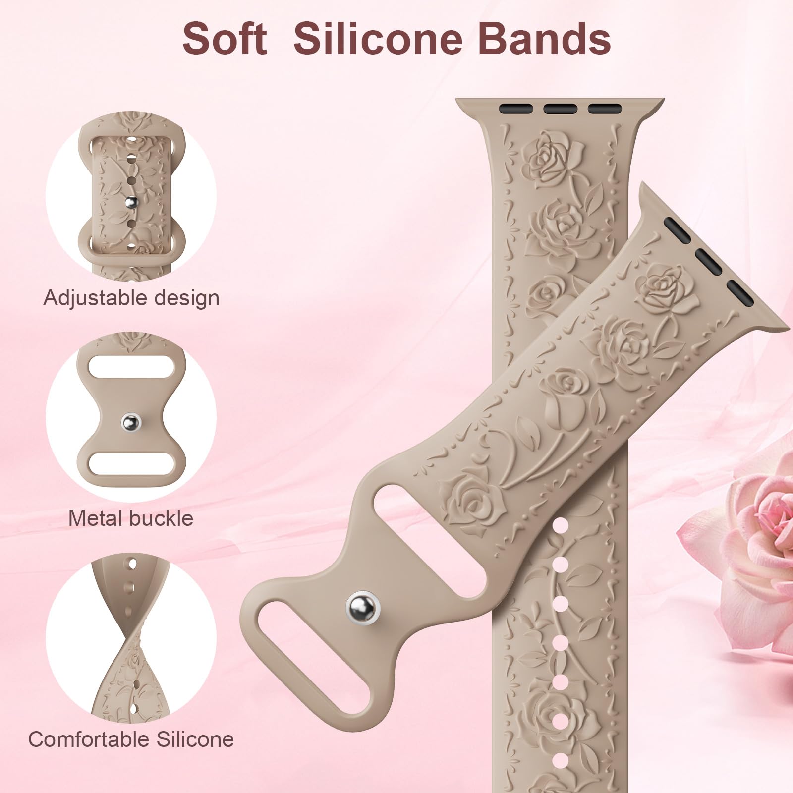 3 Stück Floral Gravierte Armband Kompatibel mit Apple Watch Band 40mm 41mm 38mm 42mm 44mm 45mm 49mm, Silikon Rose Ersatzarmband Kompatibel mit iWatch Armband Se Ultra 9 8 7 6 5 4 3 2 1
