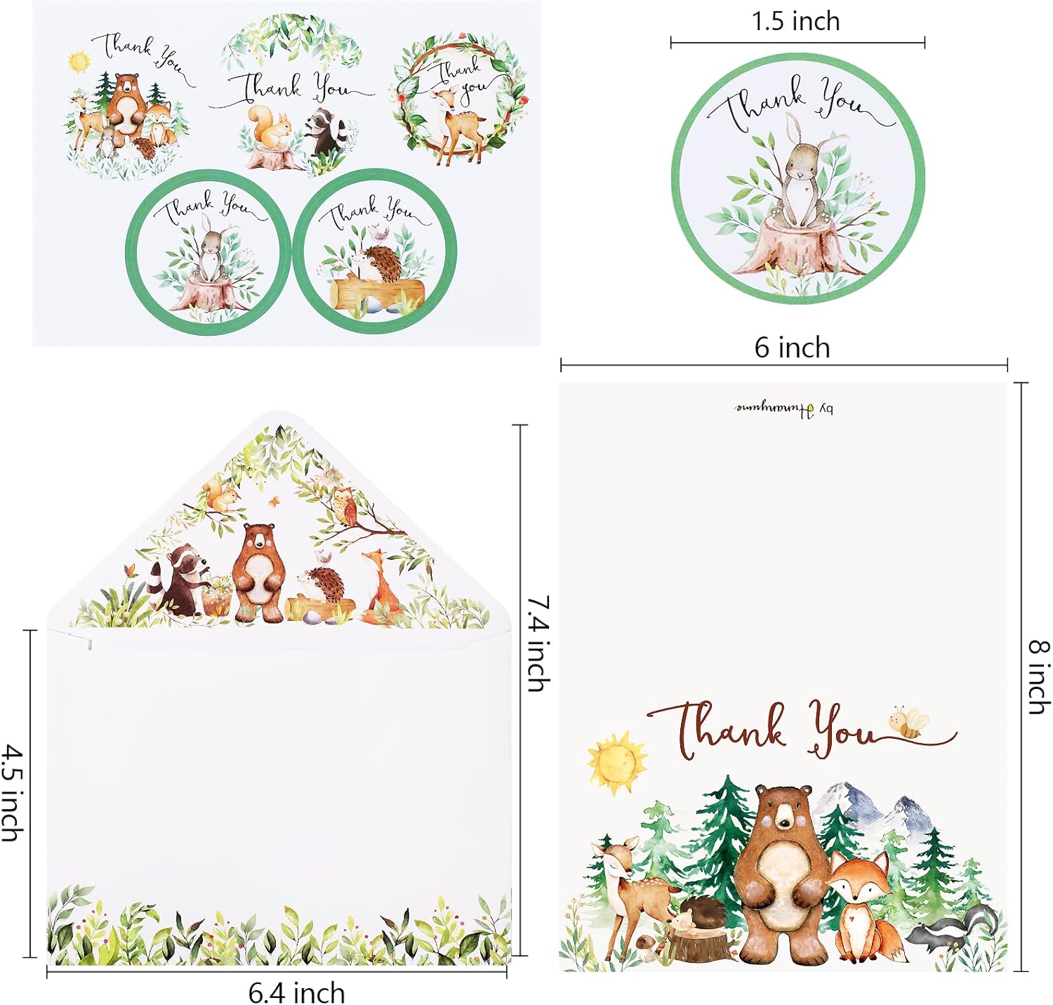 Hunanyume 50 Woodland Thank You Cards, Baby Showers Thank You Cards with Envelopes & Stickers, 4×6 in Assorted Bulk Cute Forest Animals Card for Baby Showers Birthdays Friendsgiving - Image 2