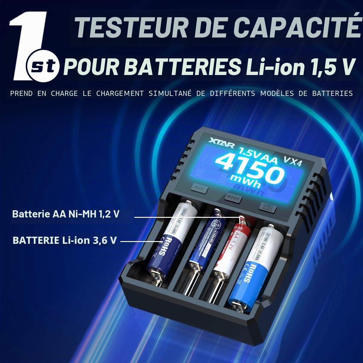 XTAR Chargeur de batterie VX4, testeur de capacité, Li-ion 3,6/3,7 V, Li-ion 1,5 V, Ni-MH 1,2 V, compatible LiFePO4 3,2 V, écran LCD, protection contre les décharges excessives