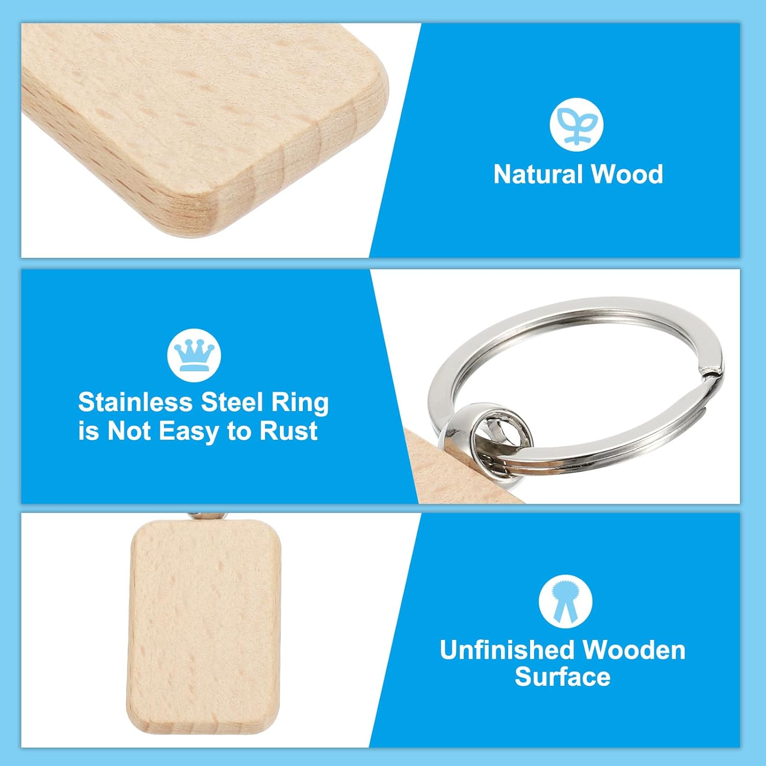 PATIKIL Wood Keychain Blanks, 70 Pack Rectangle Wooden Keychain Wood Engraving Blanks Unfinished Key Tags with Key Rings for DIY Gift Craft Style 2, Brown