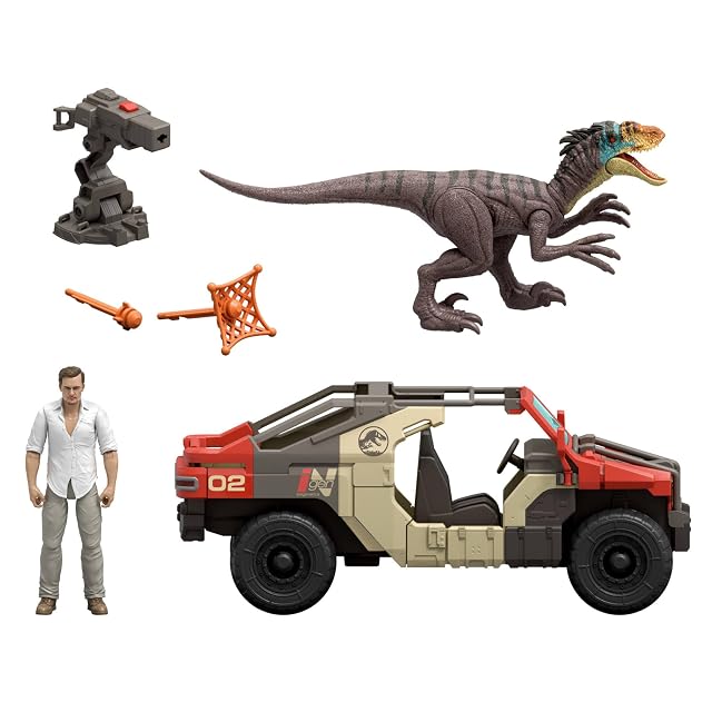 Foto 2 de 6 de Mattel Jurassic World El Renacer Vehículo Persecución y captura con un humano y un dinosaurio