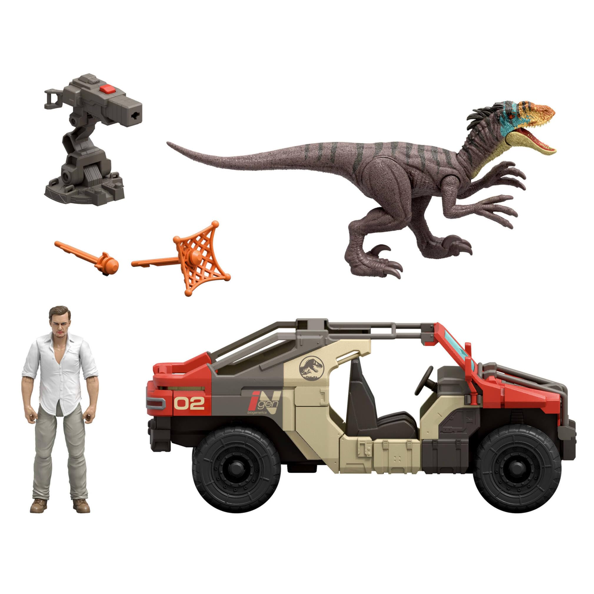 Mattel Jurassic World El Renacer Vehículo Persecución y captura con un humano y un dinosaurio, figura de Martin Krebs y velocirraptor, torreta y dos proyectiles, JGB59