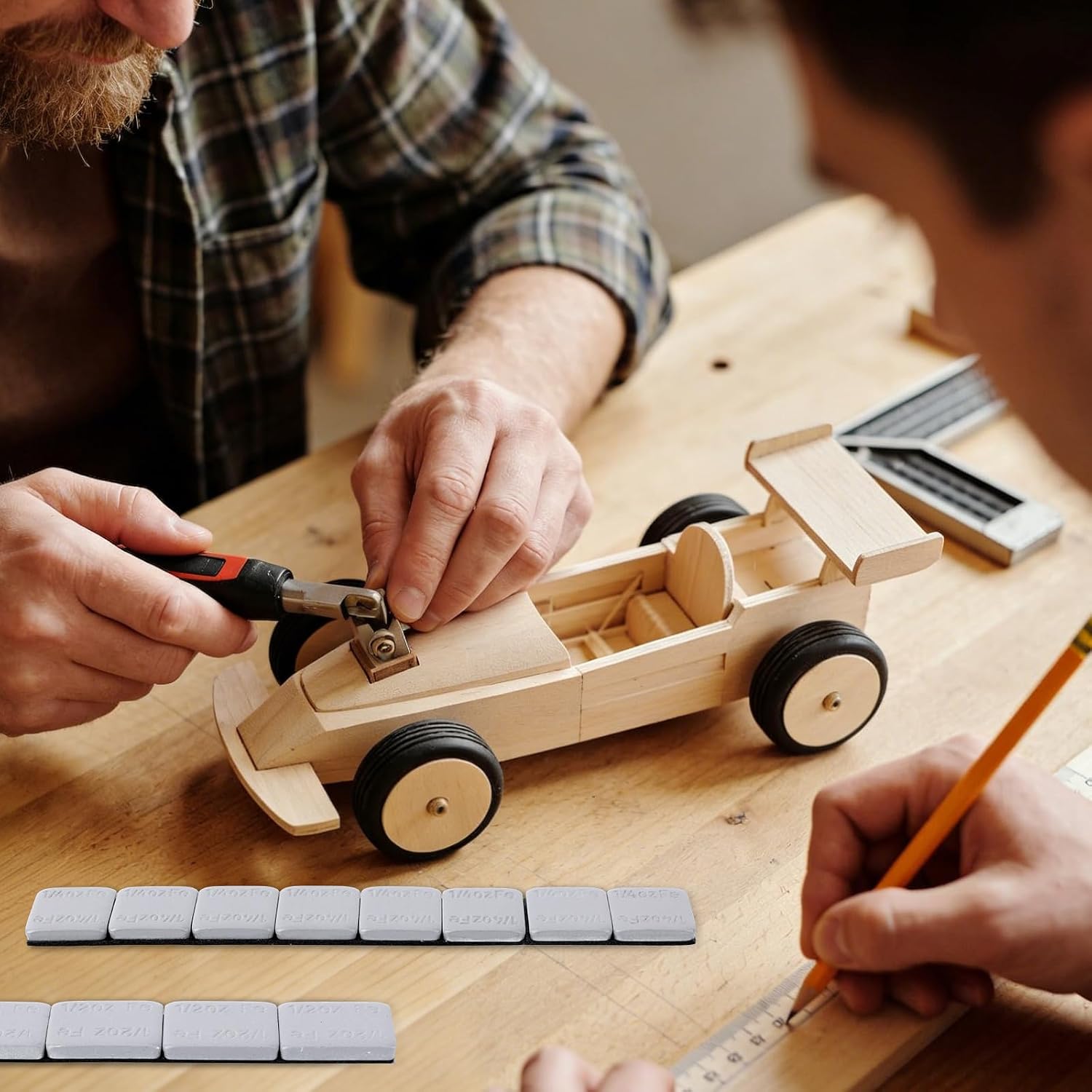 7oz Weights Kit for Pinewood Derby Cars, 13pcs No-Drill Adhesive Pine Wood Car Weights with 3oz Flexible Strip & 1/4oz 1/2oz Blocks Accessorie for Race Car Wheels Axles COG Speed Adjustment (Gray)