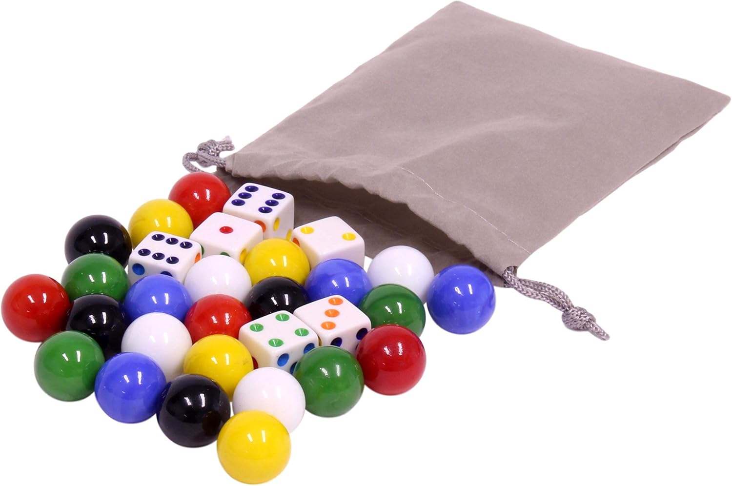 Game Bag of 24 Large Glass Marbles (18mm Diameter) and 6 Dice for Aggravation Game
