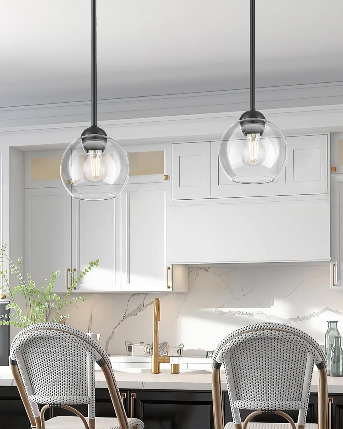 Emak 7 Inch Globe Pendant Light, Matte Black Pendant Light Fixtures with Clear Glass, 1-Light Hanging Lights for Kitchen, Bathroom, Bedroom, Hallway, 2 Pack, PL119-BK-2PK