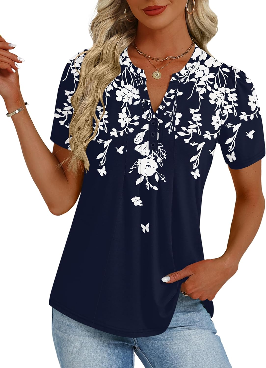 LOMON Womens Tops Dressy Casual V Neck Short Sleeve Shirts Summer Pleated Blouses Button Down Tunic Loose Fit - Image 4