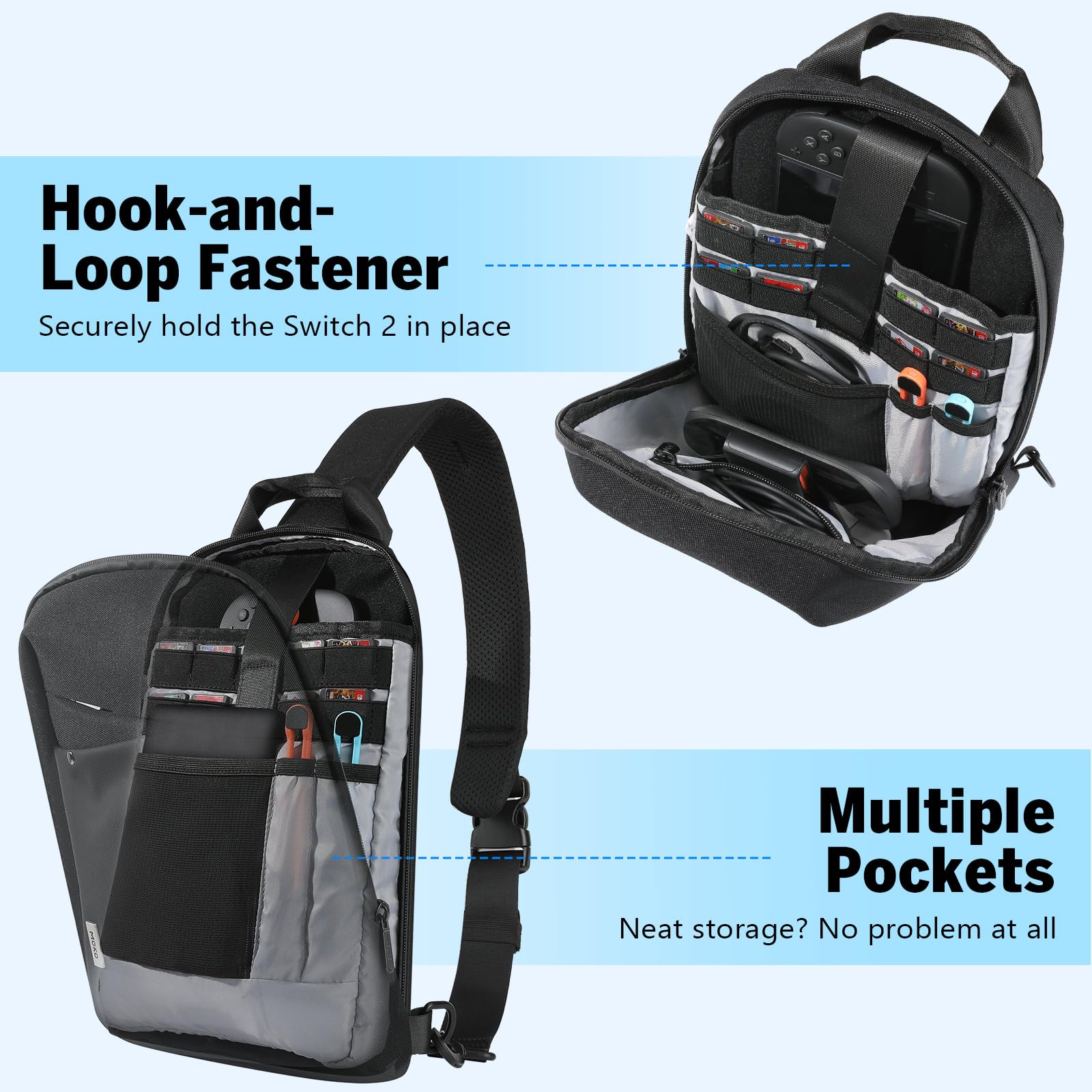 MoKo Sling Umhängetasche für Switch 2/OLED/Steam Deck/Rog Ally X, Reise Schutzhülle Tragetasche mit 8 Spielkartenfächern, Minimalistische Schultertasche Tablet Tasche für iPad Pro/Air 11“, Schwarz