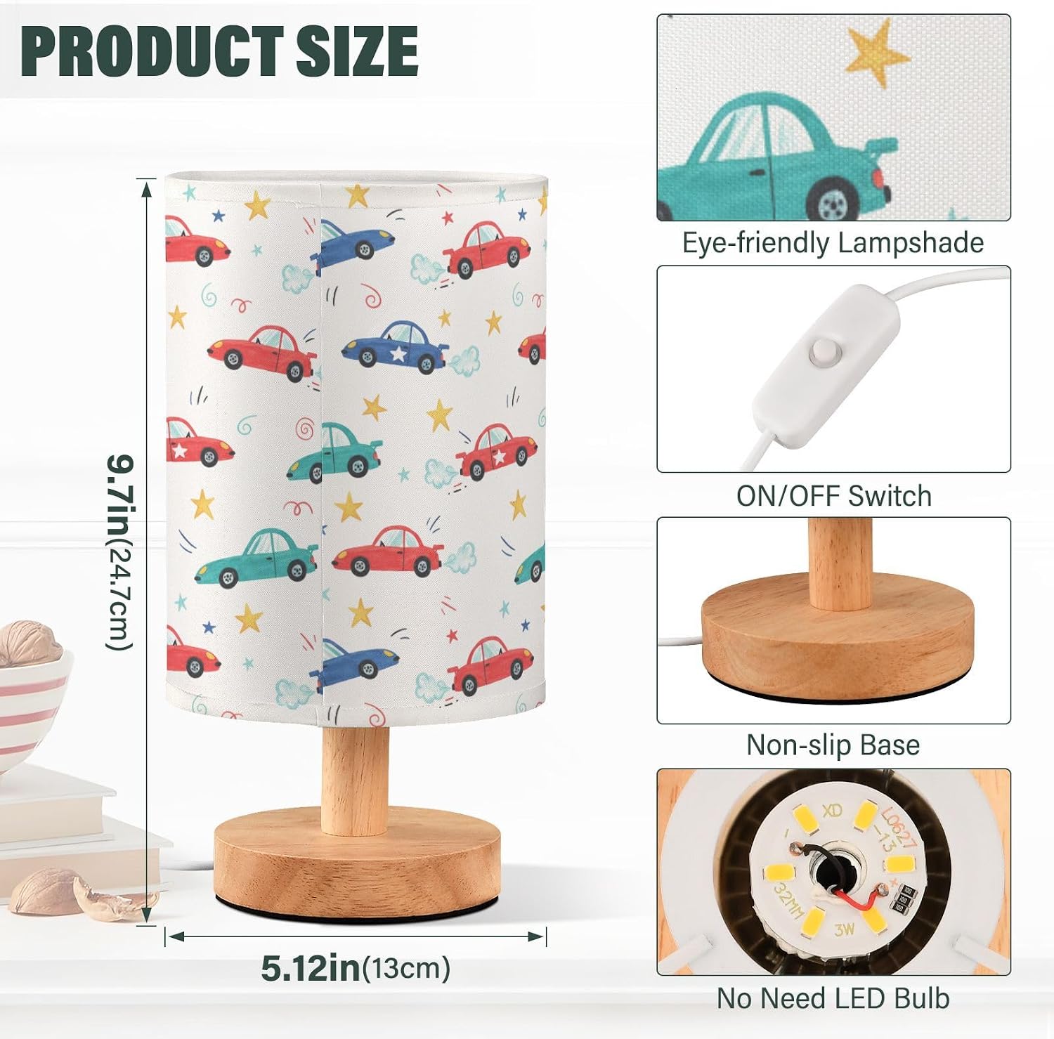 SPRIPORT Cartoon Car Stars White Print Bedside Table Lamp for Bedroom Nightstand Lamp with Wood Base & Round Flaxen Fabric Shade Bedroom Lamp for Reading Working Living Room Dorm Home Office