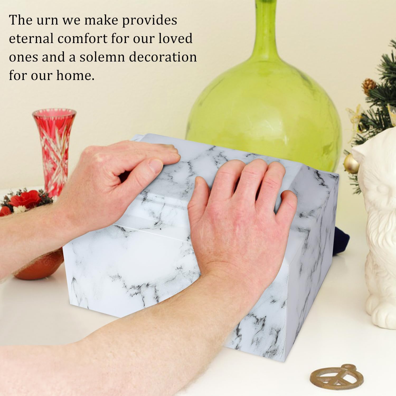 White Marble Cremation Urn Vault for Human Ashes - Adult Sized Memorial Urn for Ground Burial, Home Memorial and Funeral Use