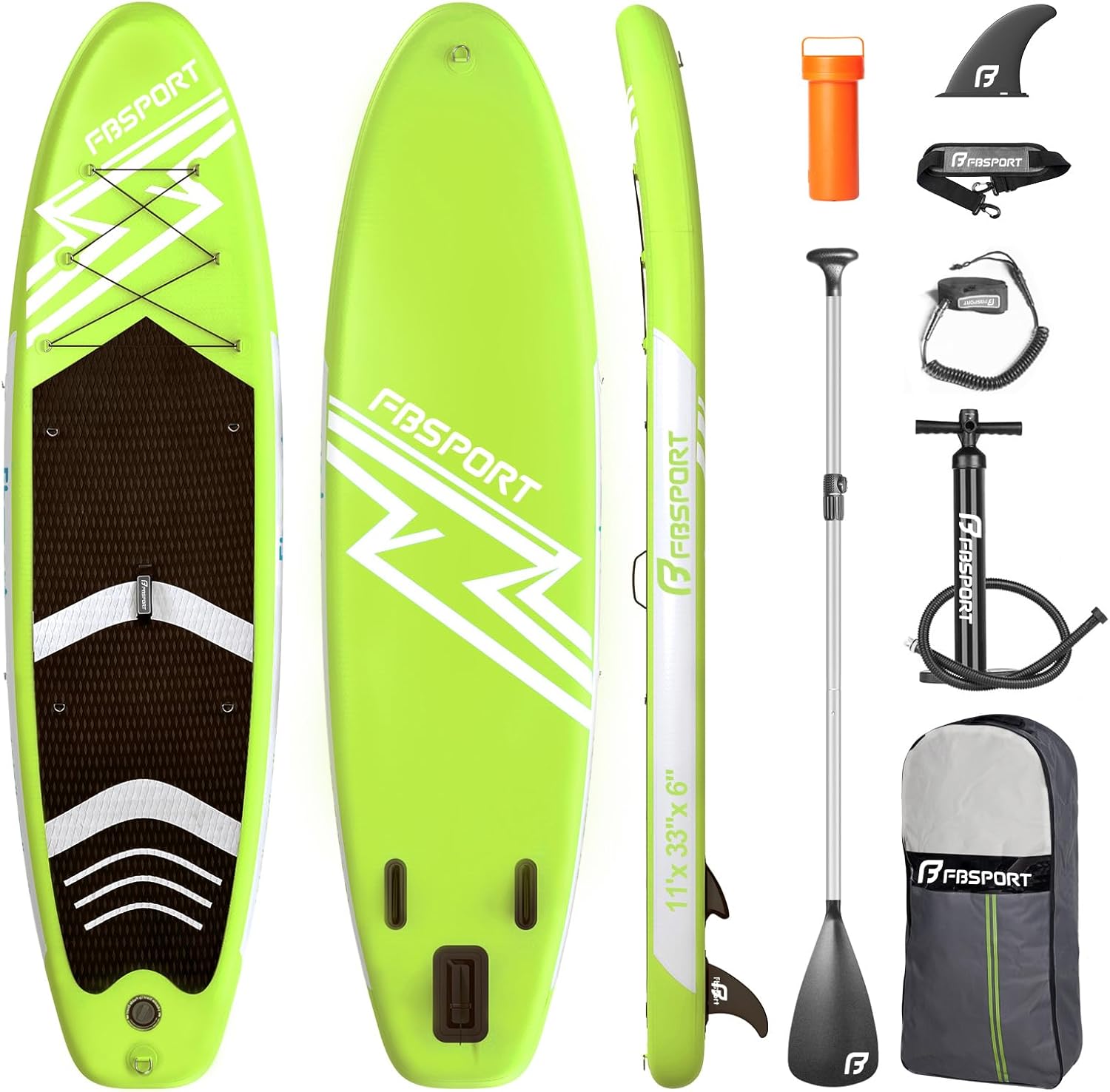 FBSPORT 11' Premium Stand Up Paddle Board, Yoga Board with SUP Accessories & Carry Bag | Wide Stance, Surf Control, Non-Slip Deck, Leash, Paddle and Pump for Youth & Adult