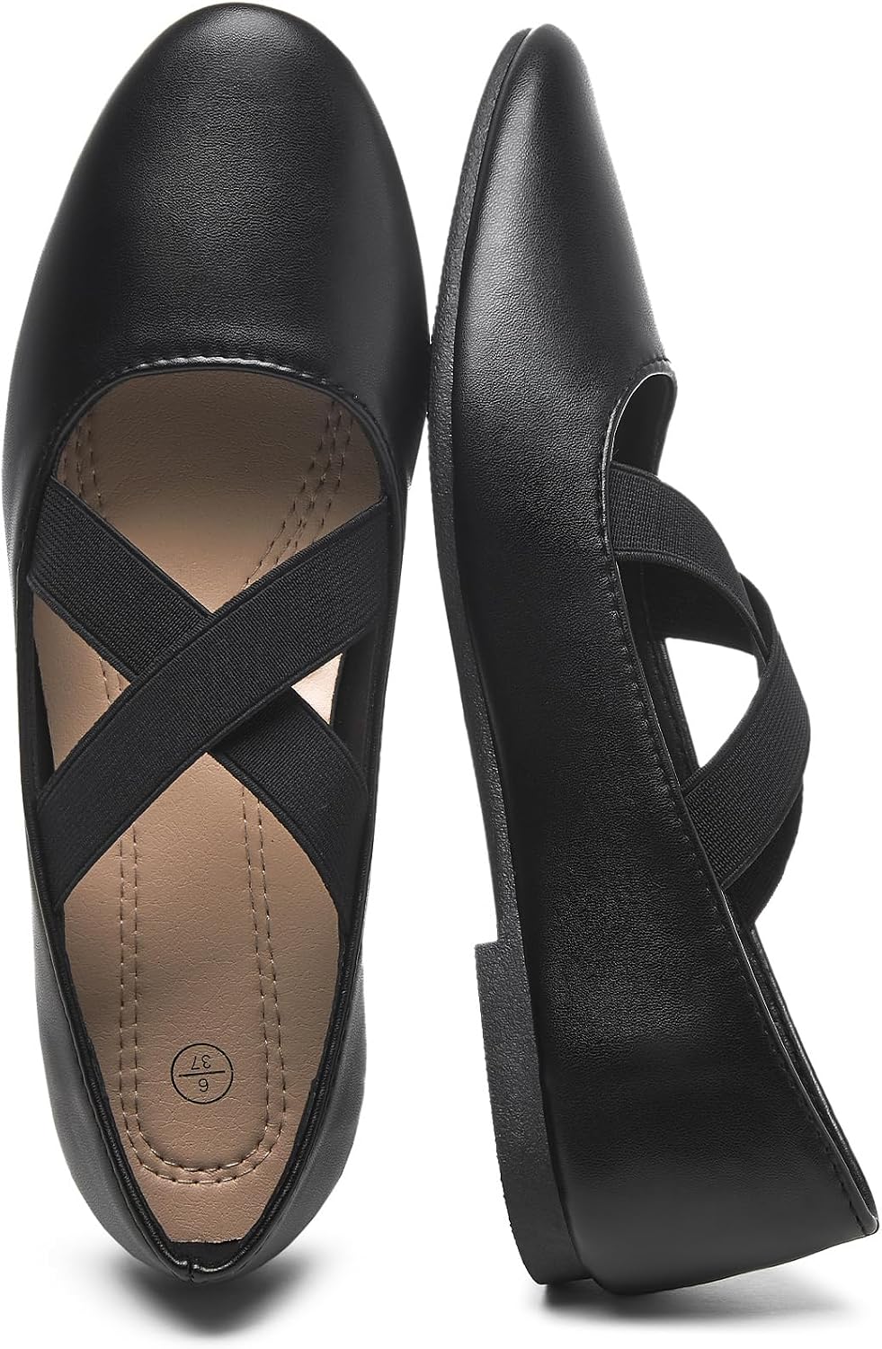 Waluzs Women's Ballet Mary Jane Flats with Criss Cross Elastic Strap | White Black Beige Ladies Dress PU Leather Flats Shoes Office Work Slip on Ballerina Cute Mary Janes Casual Round Toe Comfort