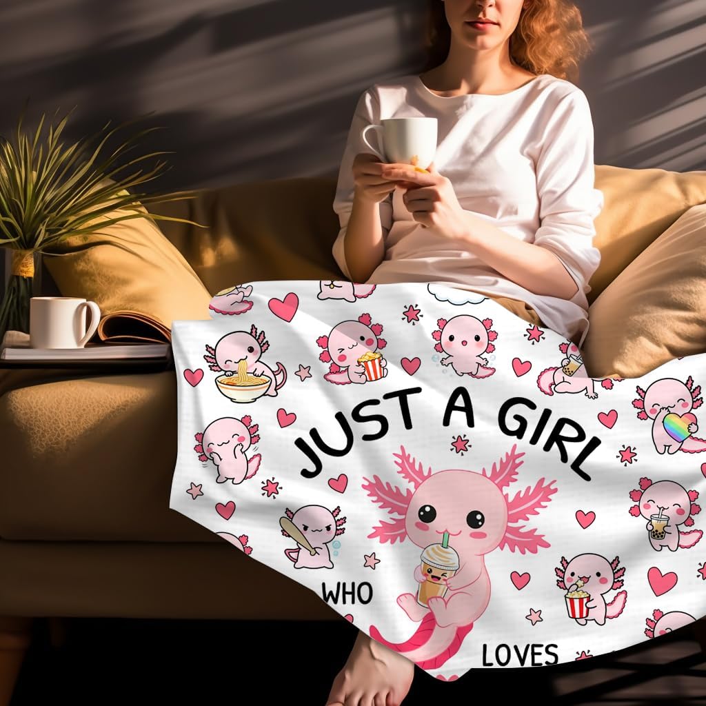 Axolotl Blanket Merch Just A Girl Who Loves Axolotl Blanket Soft Cozy Flannel Throw Blankets Room Decor Bedding Gifts for Girls Boys Kids Women Adults 80"x60"