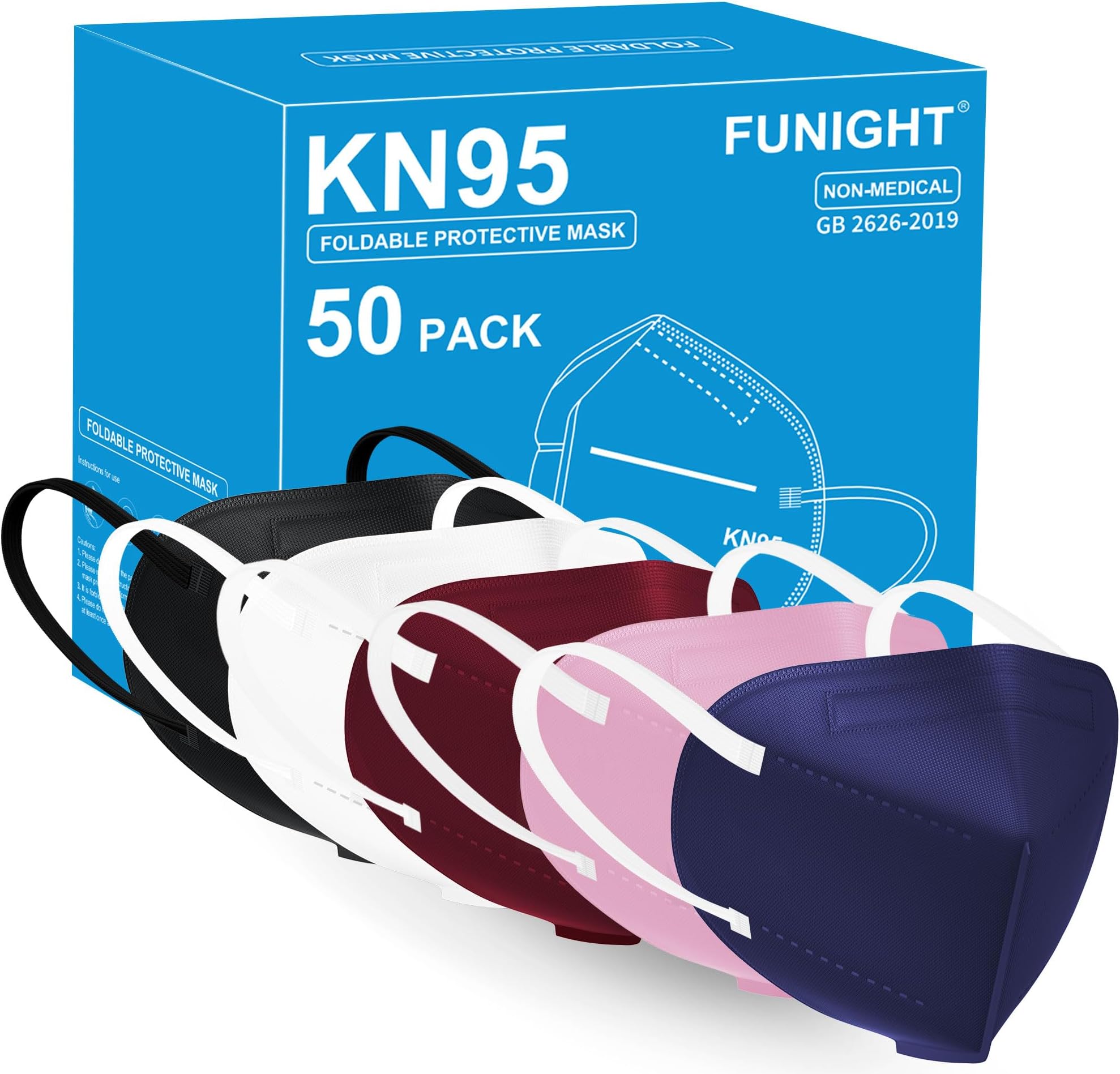 Funight KN95 Face Mask 5-Ply Breathable Filter Efficiency≥95% Protective Cup Dust Disposable Masks Against PM2.5 Multicolor 50 Pack