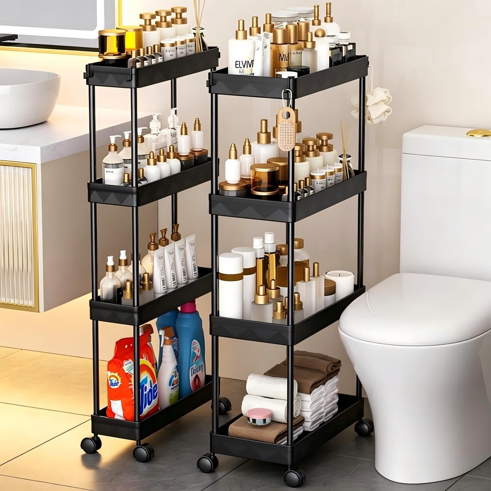 Multibao 4 Tier Slim Slide Out Kitchen Trolley Rack Holder Storage Shelf Organiser with Wheels for Small Spaces Bathroom Kitchen Laundryroom Bedroom Space-Saving (Black 20cm*40cm*83m)